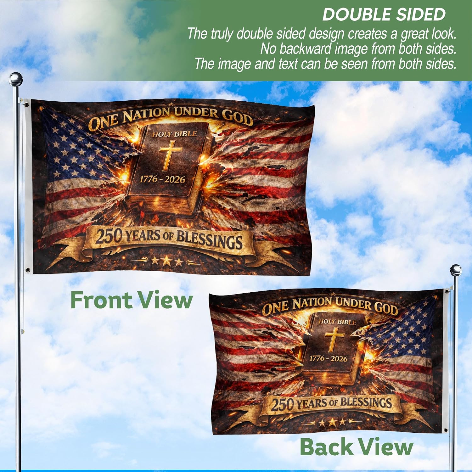 250 Anniversary Usa Flag 36x60 Inch, One Nation Under God Flag, Patriotic Cross Design, Religious House Flag, God Bless America Yard Sign, Front And Back Print, 250th Anniversary Banner 3