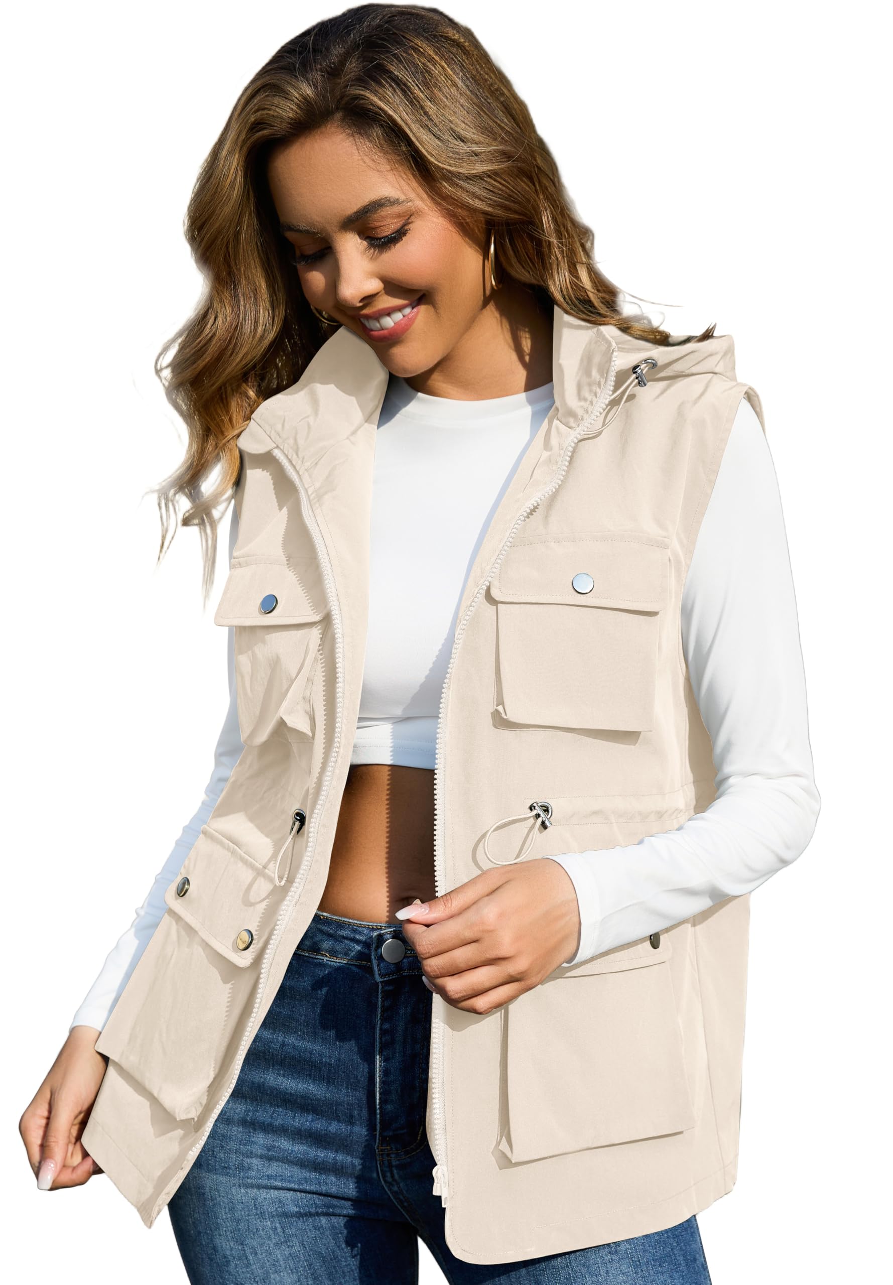 Womens Packable Military Utility Vests Outerwear Waterproof Windbreaker Jacket Cargo Vest with Removable Hood-image-46