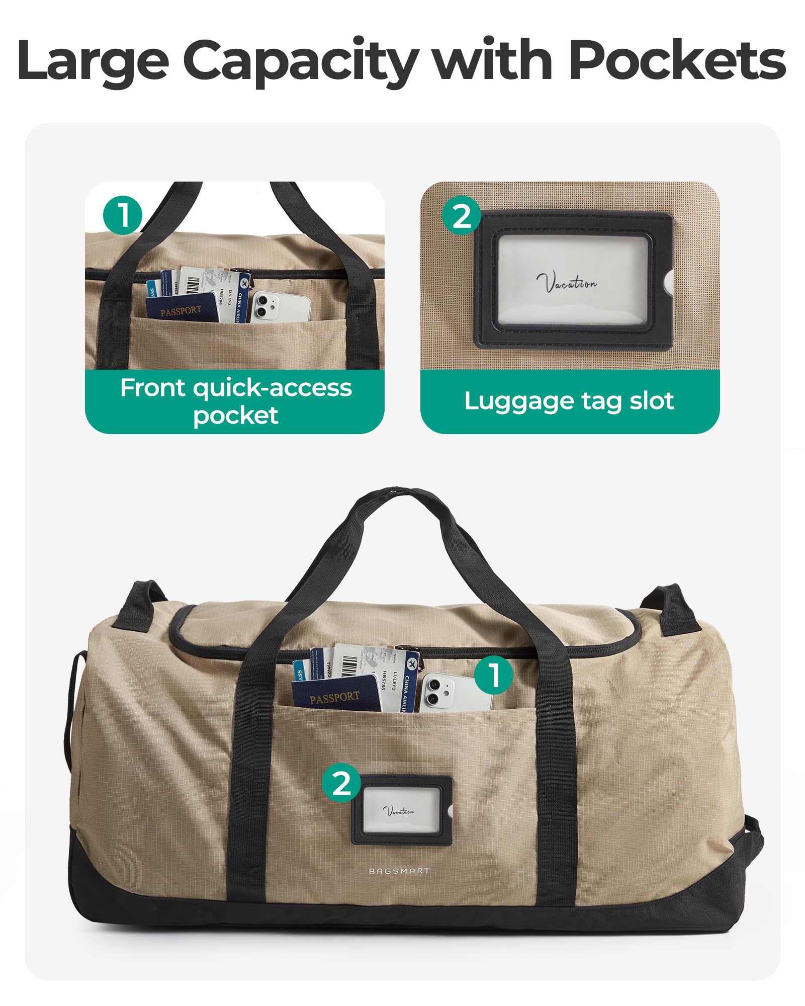 BAGSMART Faltbare Reisetasche mit Rollen, 83L Leicht Sporttasche 3-Rollen große Reisetasche Herren & Damen, Kann aufgerollt und aufbewahrt Werden, Schwarz