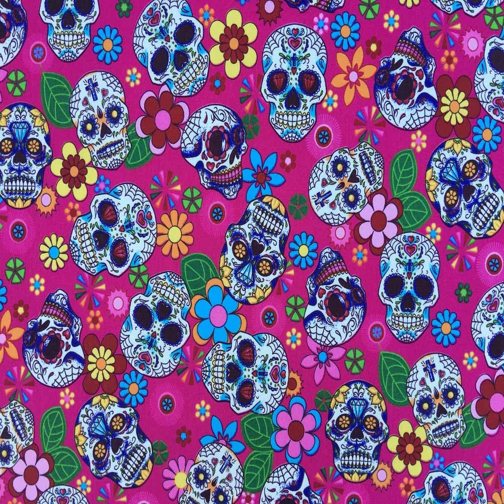 PRESTIGE Gothic Bonehead All Over Sugar Skulls Cotton Poplin Rose And Hubble Fabric (Cerise)