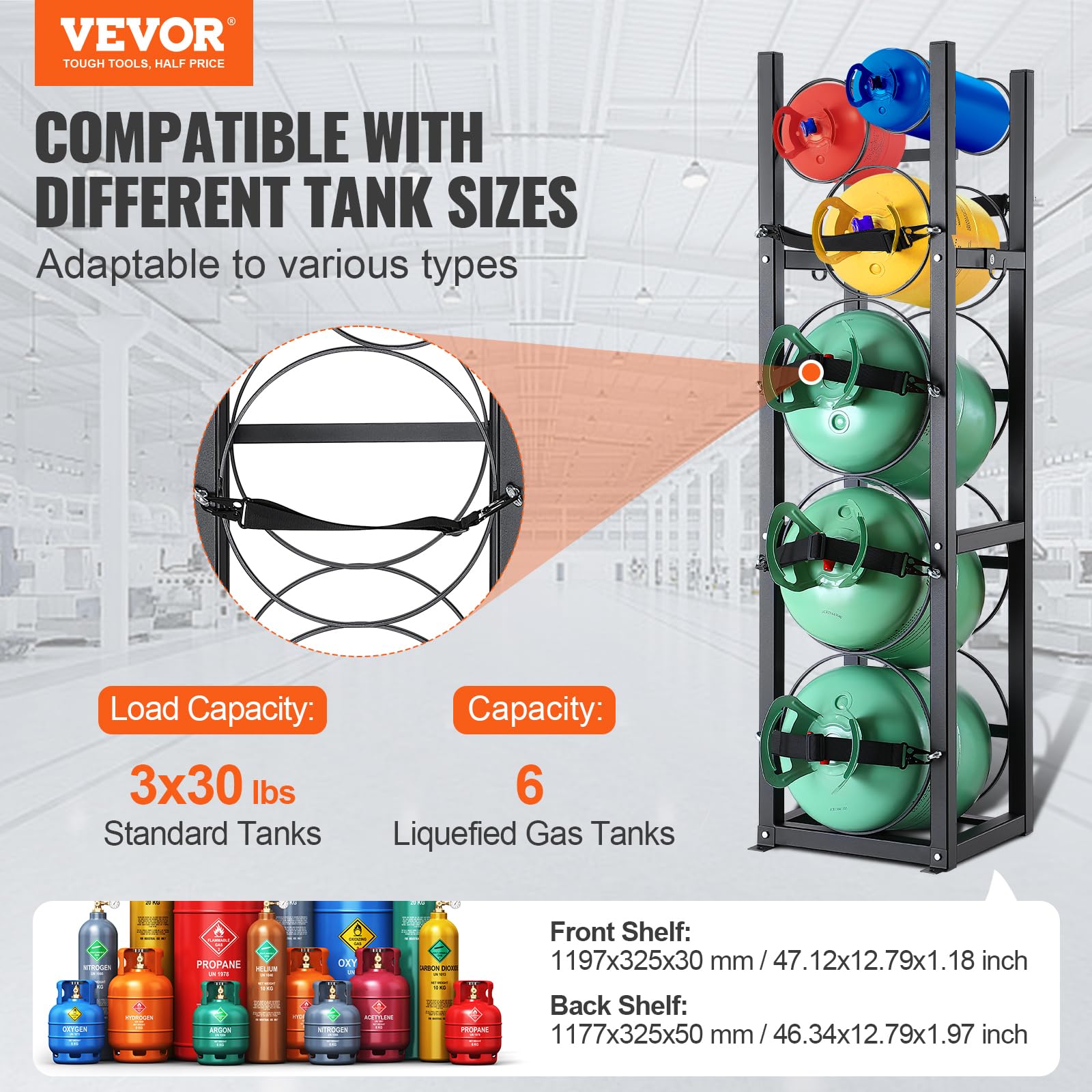 VEVOR Soporte para Tanque de refrigerante con 3 x 30 Libras y 3 Otros Que ahorran Espacio Estante para Tanque de Cilindro 46 x 12 x 11 Pulgadas para Almacenamiento de Gas nitrógeno y oxígeno