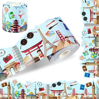 66ft Bulletin Board Border Roll Decorations,1 Roll World Traveler Coated Rolled Border Trim with Adhesive Dots for Classroom Nursery Room Office School Decor Chalkboard Board Edge