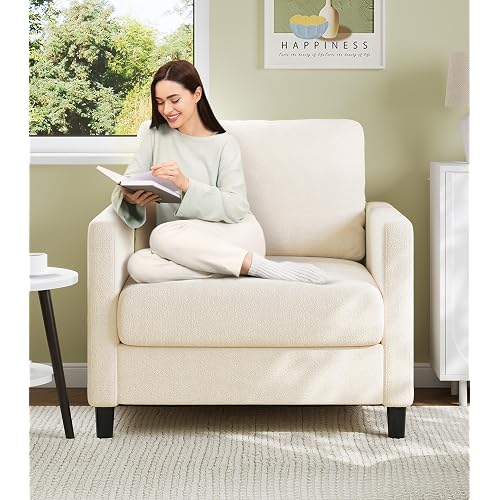 Welzona Sofa Accent Chair, 33" Reading Chair for Bedroom, Tool-Free Setup Living Room Accent Chairs, Comfy Arm Chairs Living Room, All-Wood Reading Nook, Cream White