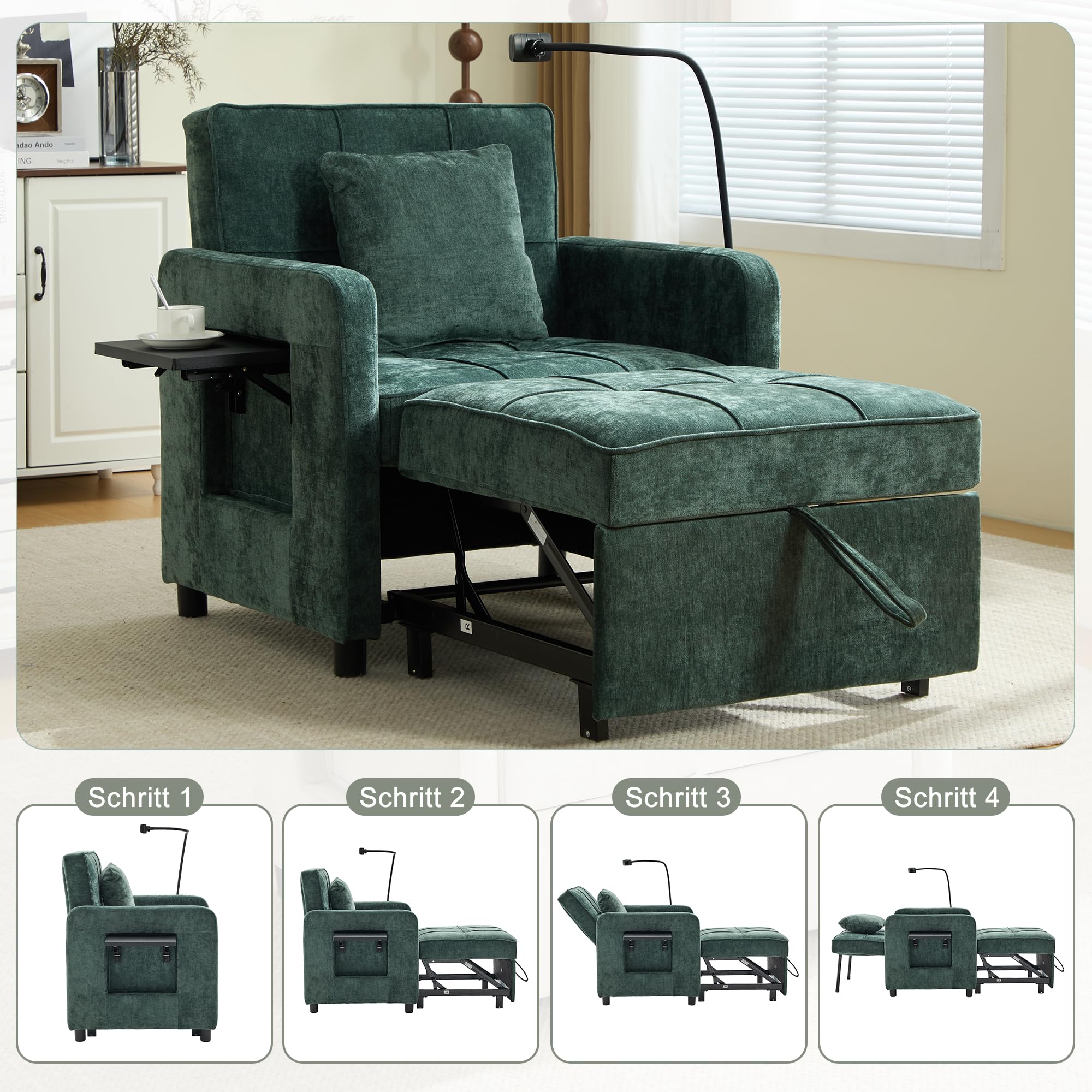 Generisch Poltrona letto 2 in 1 in ciniglia verde, divano letto singolo con cuscino, tasche laterali e vassoio, schienale regolabile in 5 posizioni, portata 150 kg, per soggiorno, camera da letto