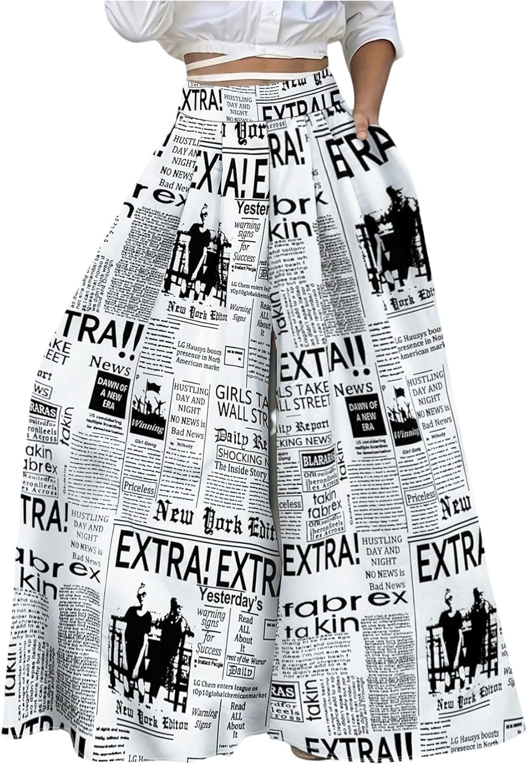 WDIRARA Women's Newspaper Print Wide Leg Pants Elastic Waist Loose Funky Letter Print Palazzo Pants