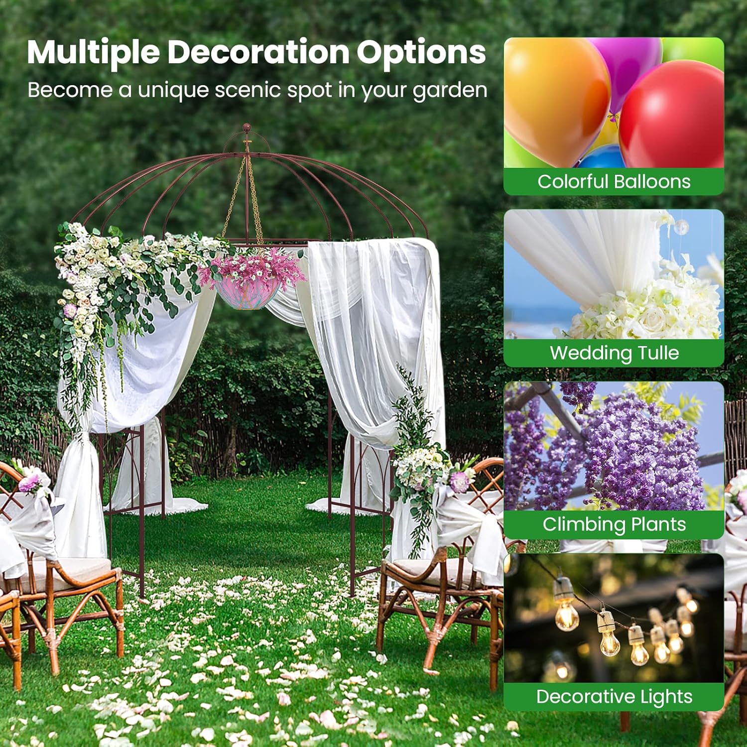 TANGZON Metal Garden Arch, 4-Sided Birdcage Shape Garden Gazebo Pergola Pavilion Arbor, French Style Rose Vines Climbing Plants Trellis Support Archway for Walkway Path Lawn Party Wedding Ceremony