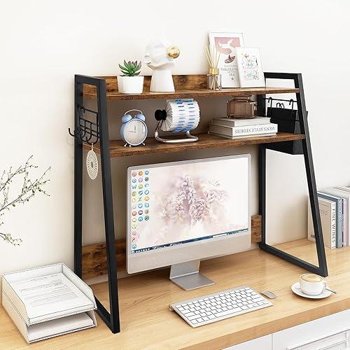 Miniatura 9 de ELITEROO Estantería de escritorio, estante de exhibición de 2 niveles con soporte para bolígrafo y ganchos para escritorio de computadora,