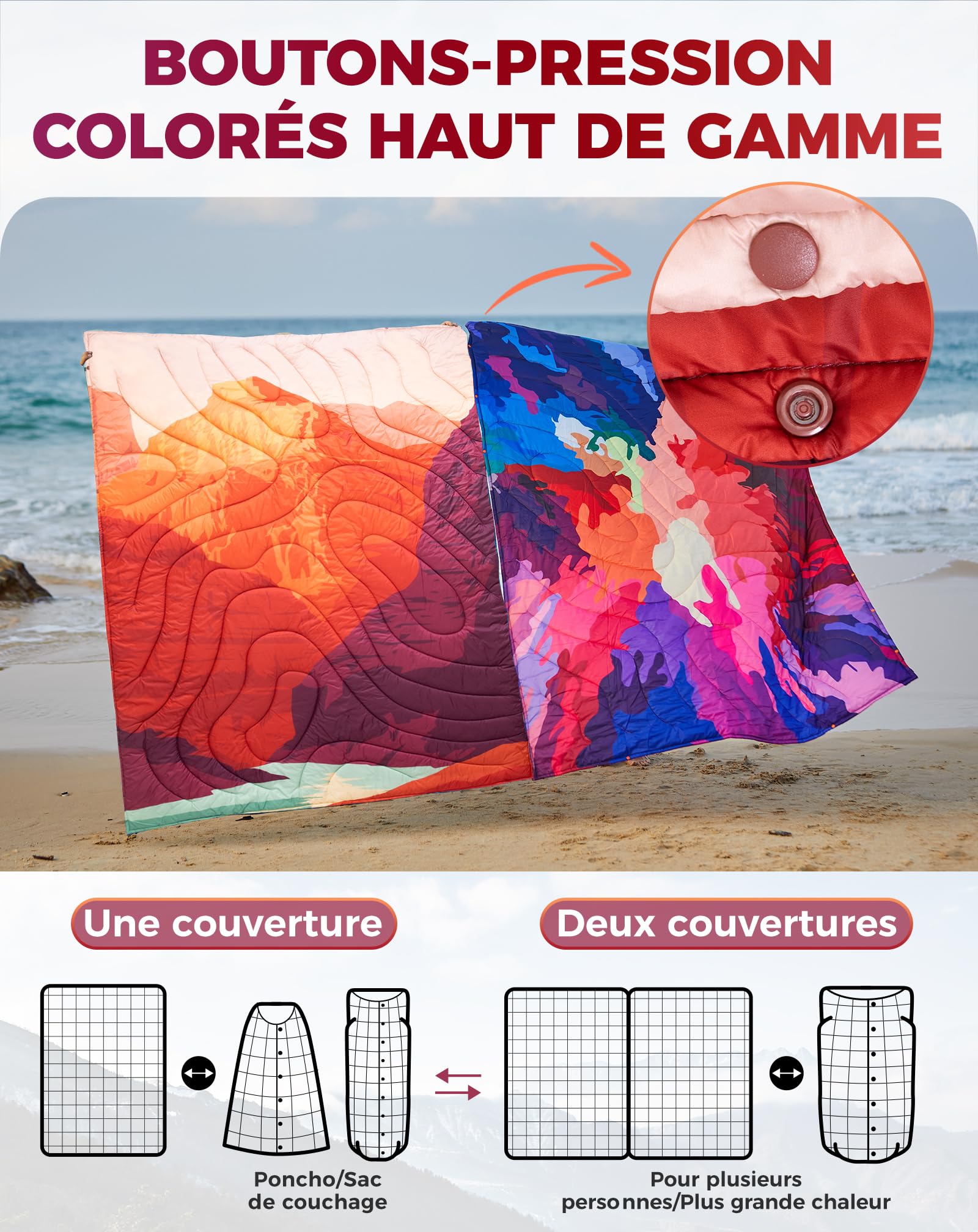 KingCamp Couverture de Camping Imperméable et Légère,Pliable,Compacte,Couverture Thermique,Couverture de Voyage,pour Plage, Randonnée,Voiture,Extérieur et Intérieur,200 x 145 cm,Montagne Orange