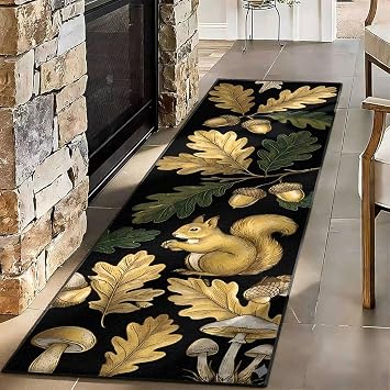 Forest Squirrel and Oak Leaf Rug, 2x10ft Vintage Acorn and Mushroom Decorative Carpet, Washable Non-Slip Nature Themed Runner Mat, Long Area Rug for Hallway, Entryway Cabin Farmhouse