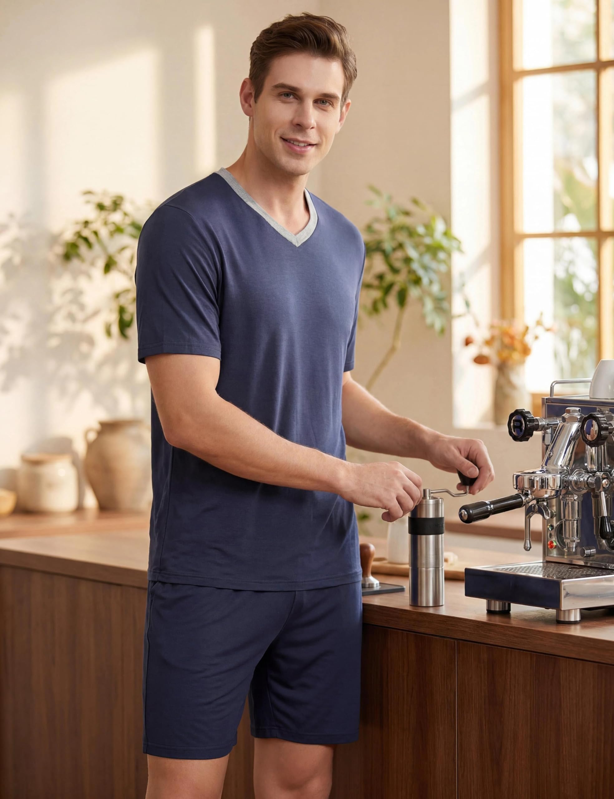 MoFiz Herren Schlafanzug Kurz Pyjama-Set Weich Zweiteilig V Ausschnitt Kurzarm T-Shirt & Schlafhose Kurz Hausanzug Loungewear Nachtwäsche Set mit Taschen