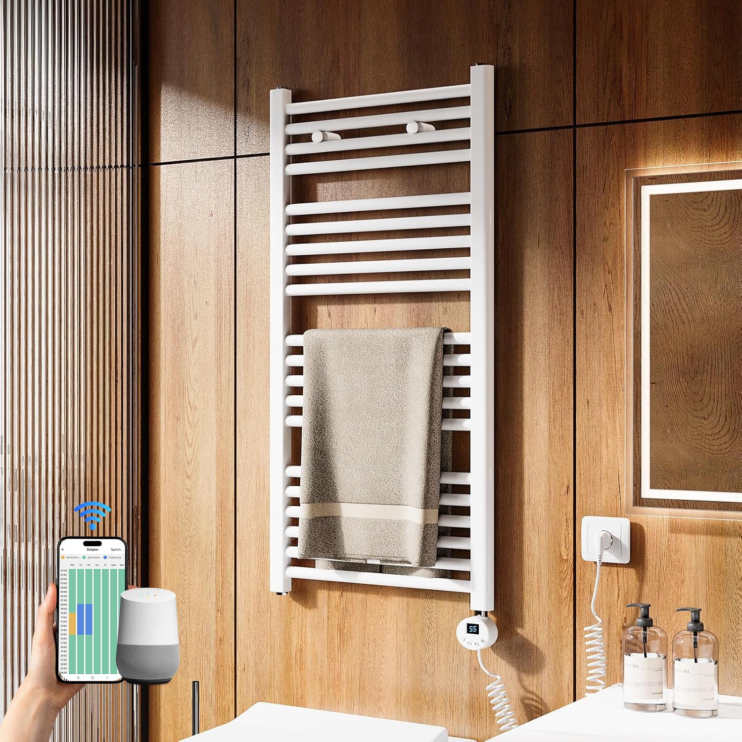 Heilmetz Badheizkörper Elektrisch 1000x500mm Bad Heizkörper mit WiFi Thermostat 500W Seitenanschluss Weiß gerade Badheizkörper mit Timer+Intelligenter Temperaturregler+LCD-Displays Energiesparend