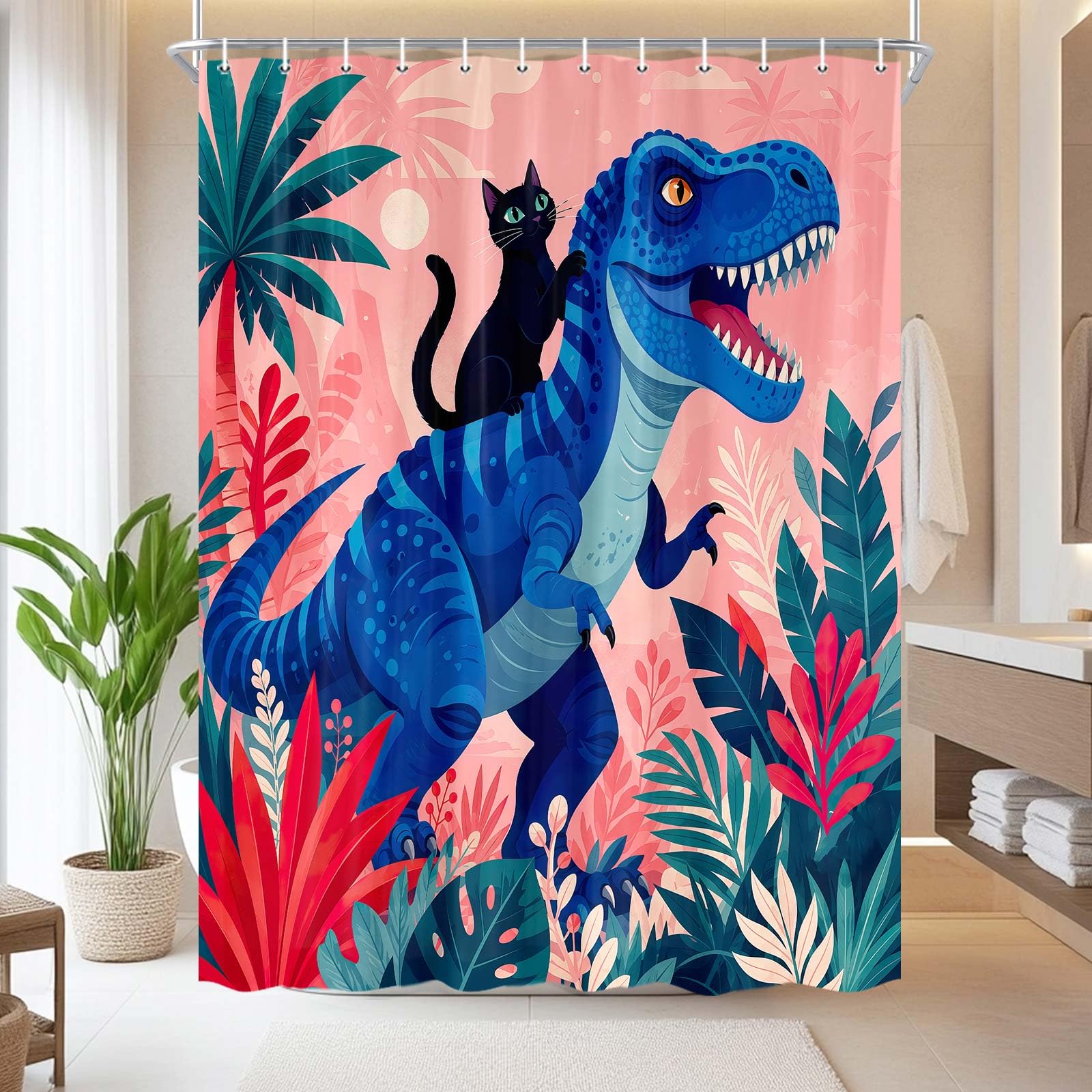 Boziqr Funny Cat Riding Dinosaur Shower Curtain, Boys Kids Bathroom Decor