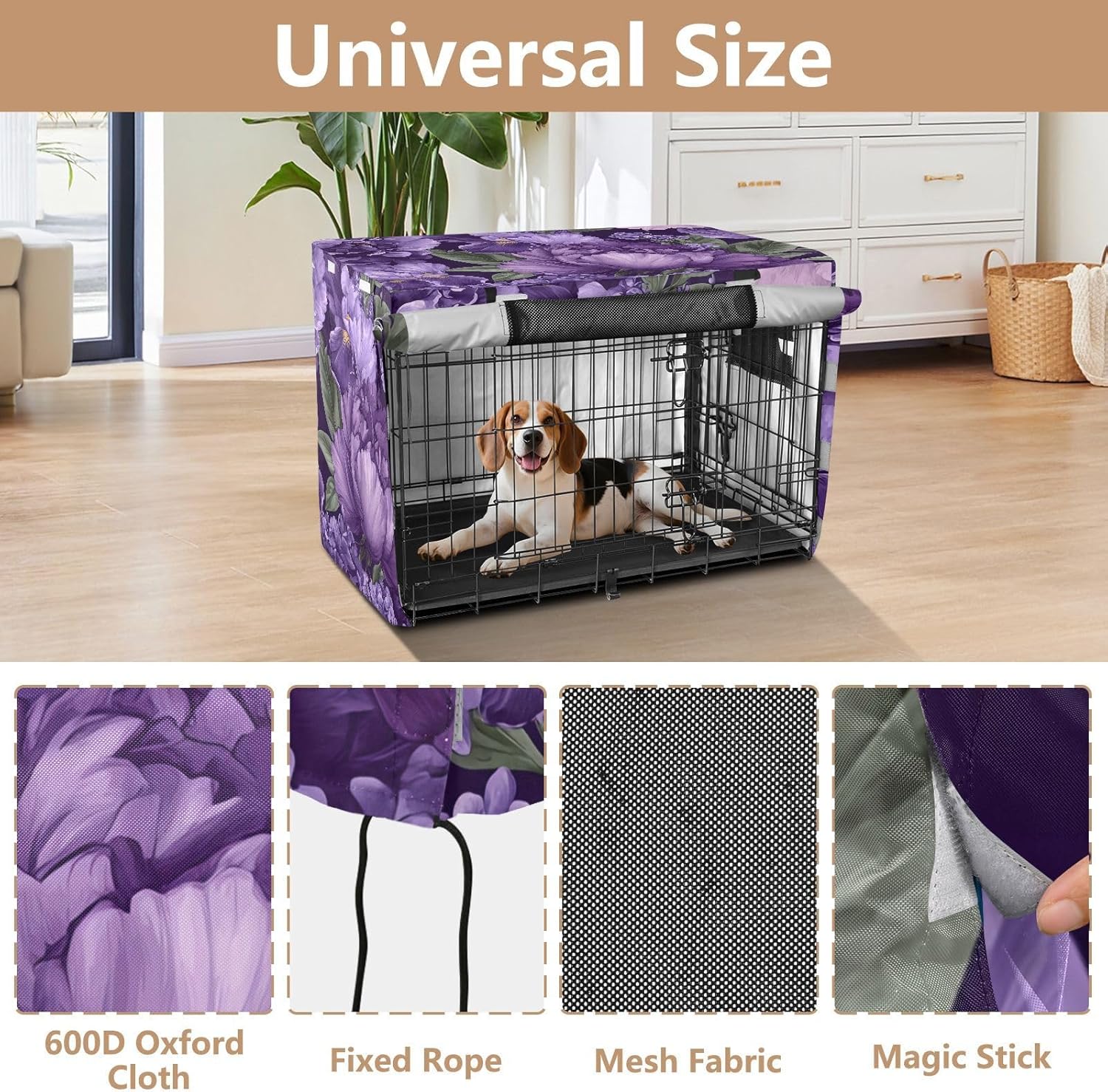 Purple Peonies Dog Crate Covers S-XL Windproof Pet Cage Cover with Openings, Reduces Barking, X-Large
