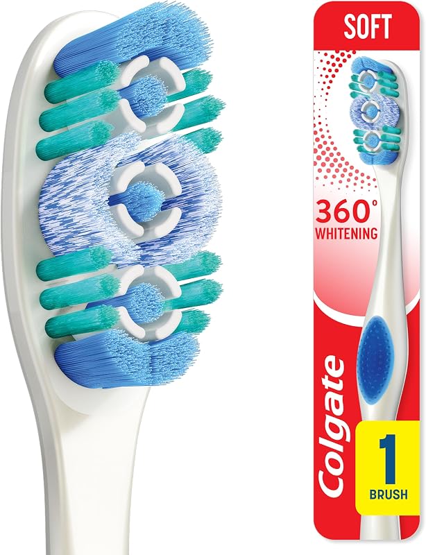 Colgate 360 Whitening Toothbrush with Soft Bristles, 1 Pack, Adult Manual Toothbrush with Whitening Polishing Cups, Easy to Open, Recyclable Packaging