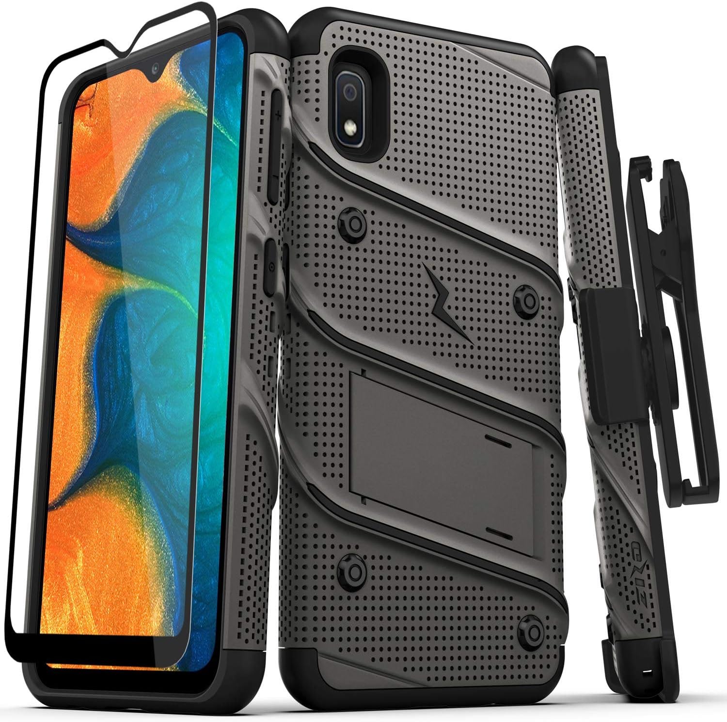 ZIZO Bolt Series for Samsung Galaxy A10e Case | Heavy-Duty Military-Grade Drop Protection w/ Kickstand Included Belt Clip Holster Tempered Glass Lanyard (Metal Gray/Black)