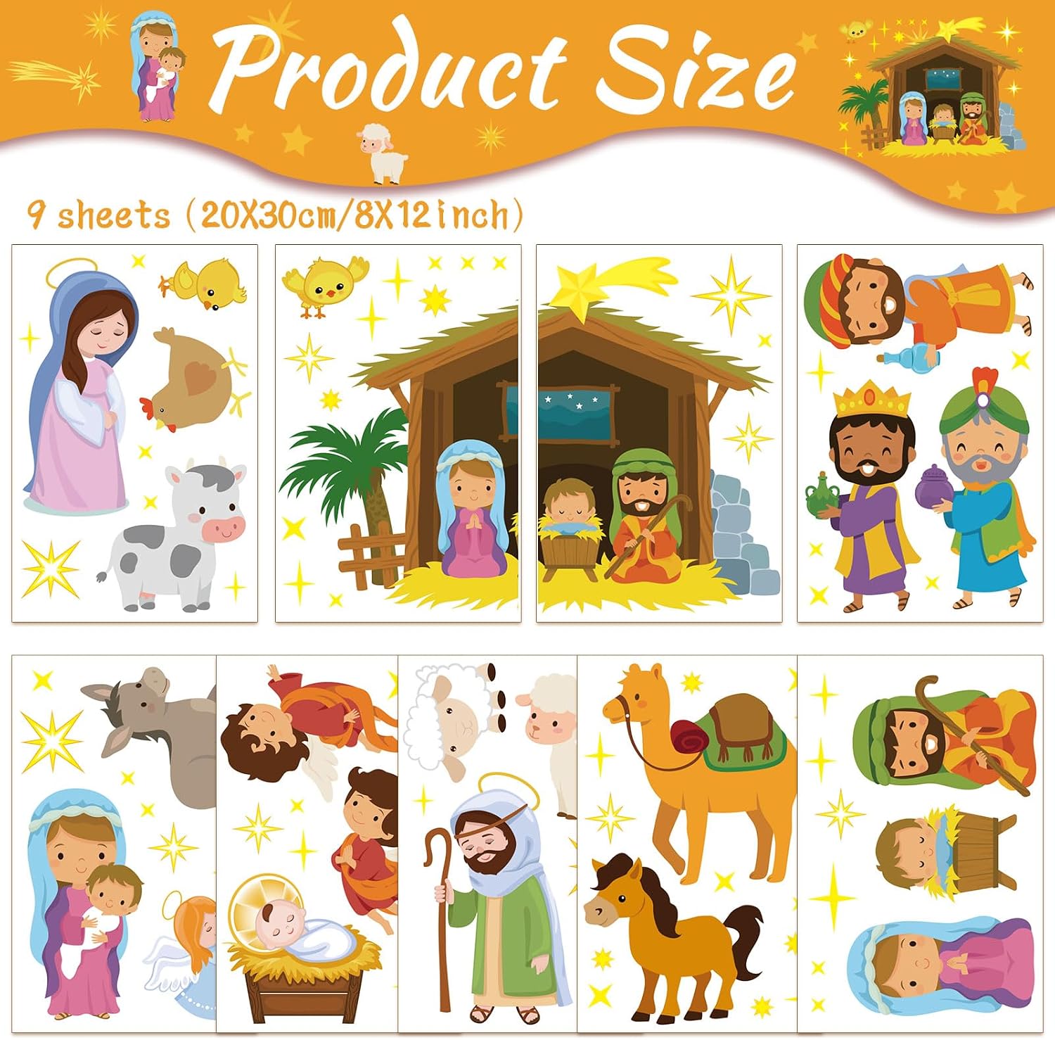 HOWAF Nativity Christmas Window Clings Stickers, 9 Sheet Nativity Scene Holy Night Christmas Religious Themed Window Decals for Christmas Party Supplies Decor, Christian Jesus Window Stickers