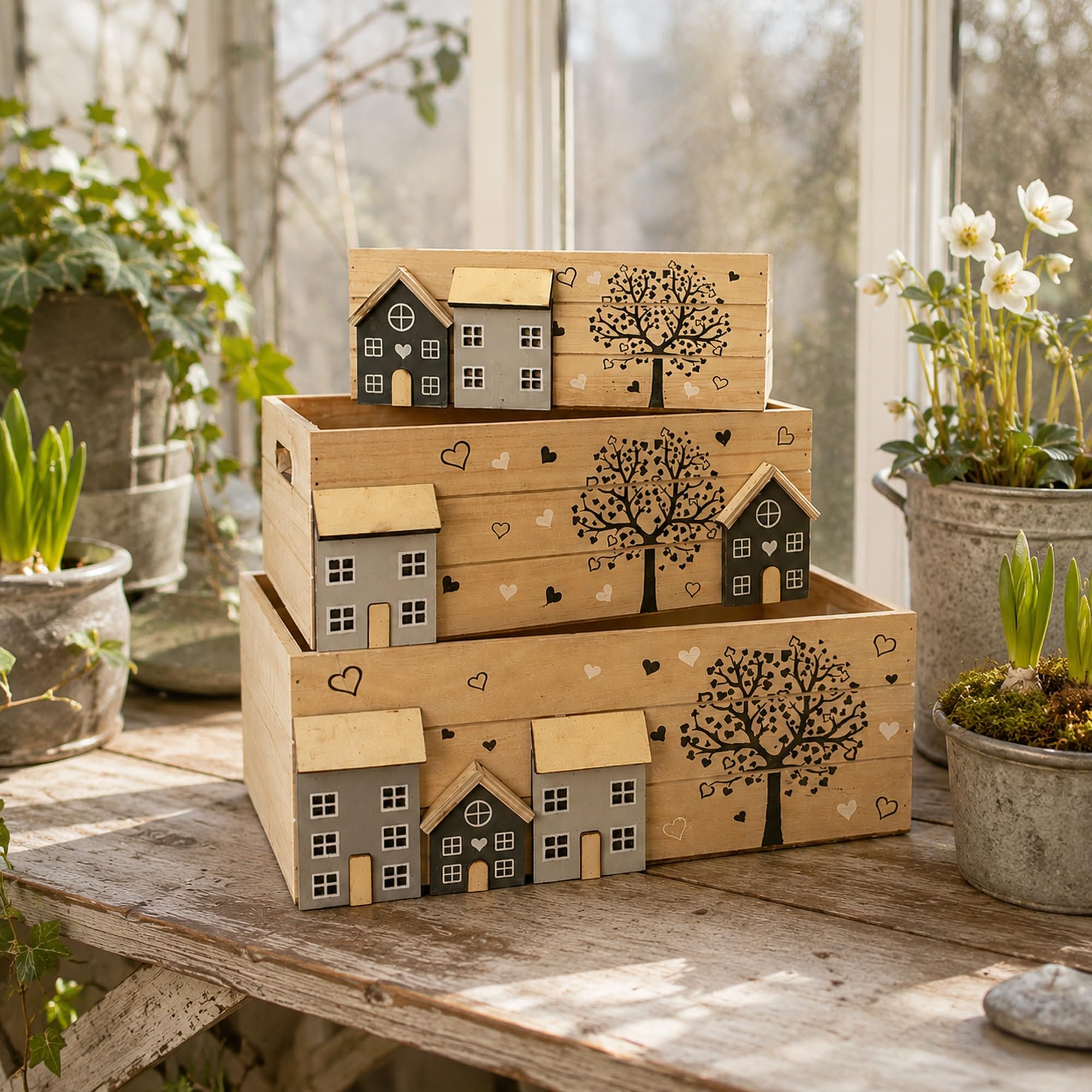 Set di 3 casse in legno UNUS come scatole portaoggetti, scatole decorative, scatole organizzatrici con manici