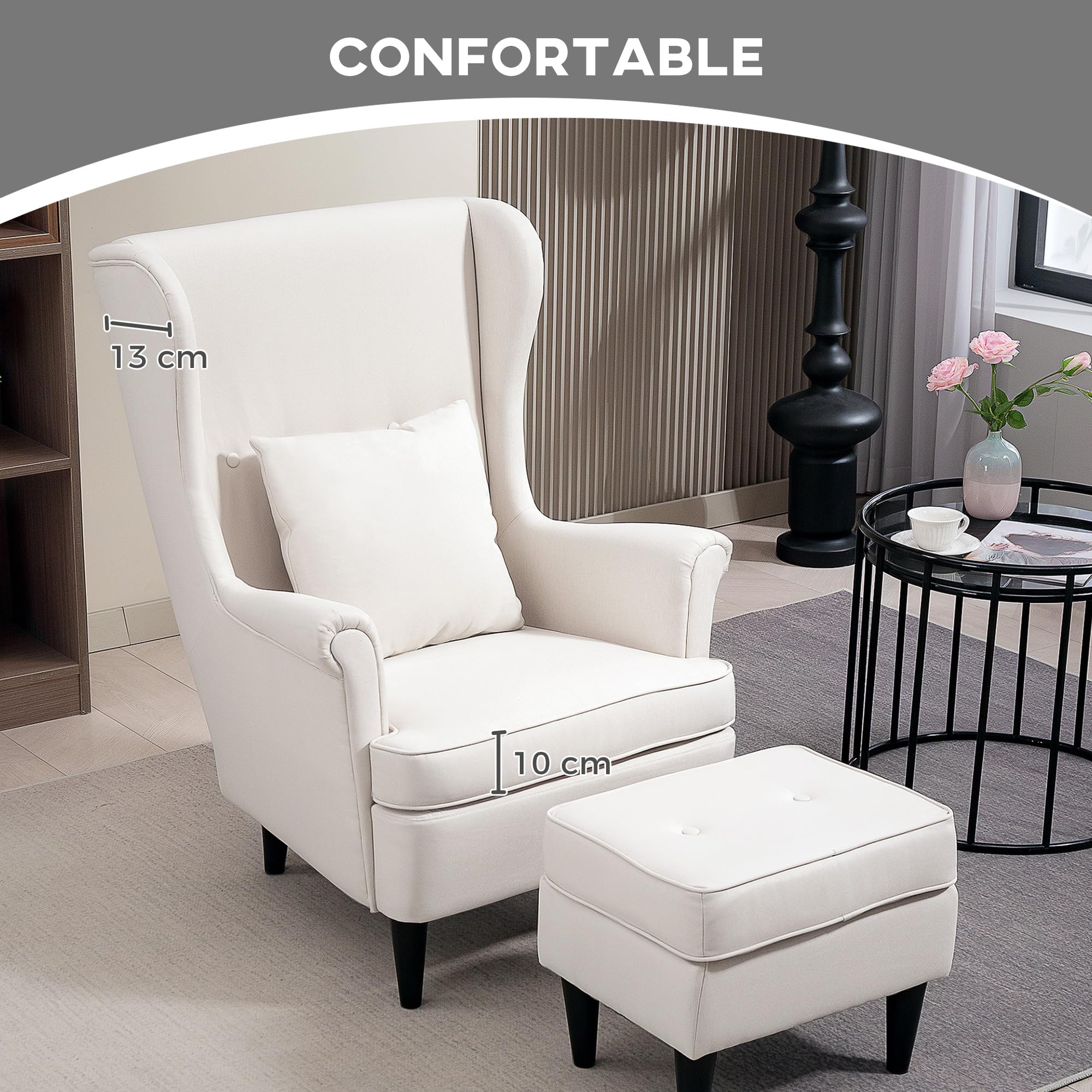 HOMCOM Sillón con Reposapiés Sillón Lectura con Respaldo Alto Beige | Capitoné, Patas de Madera, Almohada Acolchada, Tapizado en Lino, Butaca para Salón Dormitorio Oficina