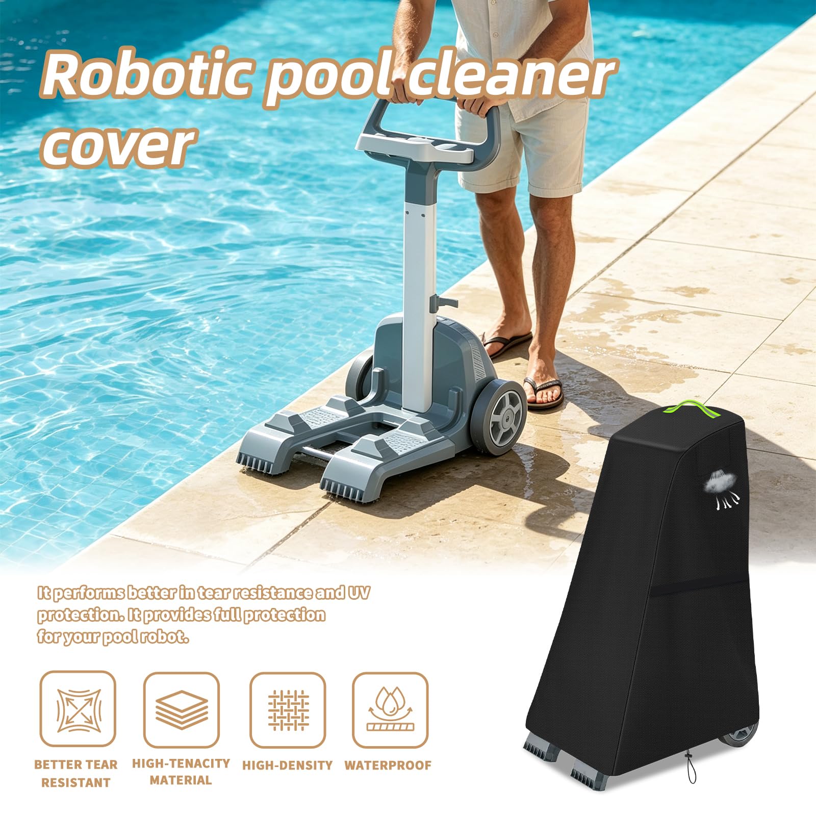 Funda Limpiafondos Piscina, 600D Oxford Cubierta para Robot de Piscina, Impermeable, Resistente a los Rayos UV, protección contra Todo el Tiempo, 56x66x107cm-Negro