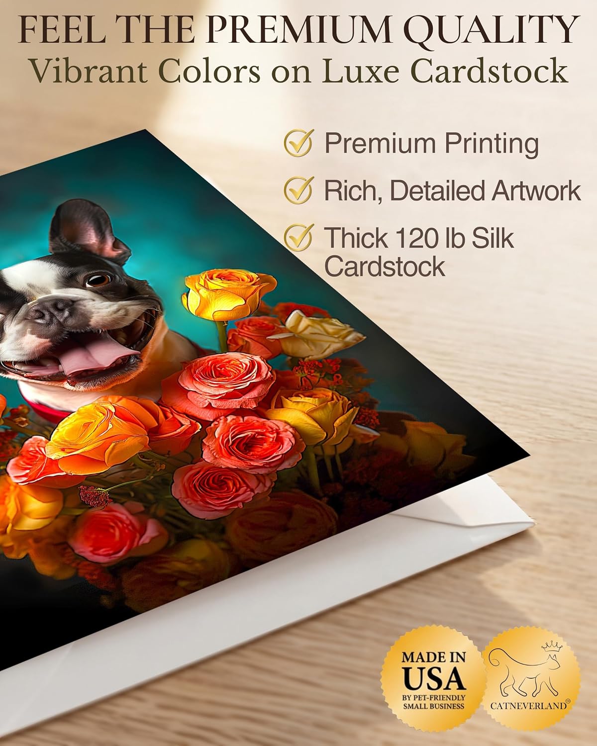 Boston Terrier with Flowers All Occasions Greeting Card from Unique Dog Party Delights Collection Large 5x7 Inch Blank Inside with White Envelope image 3