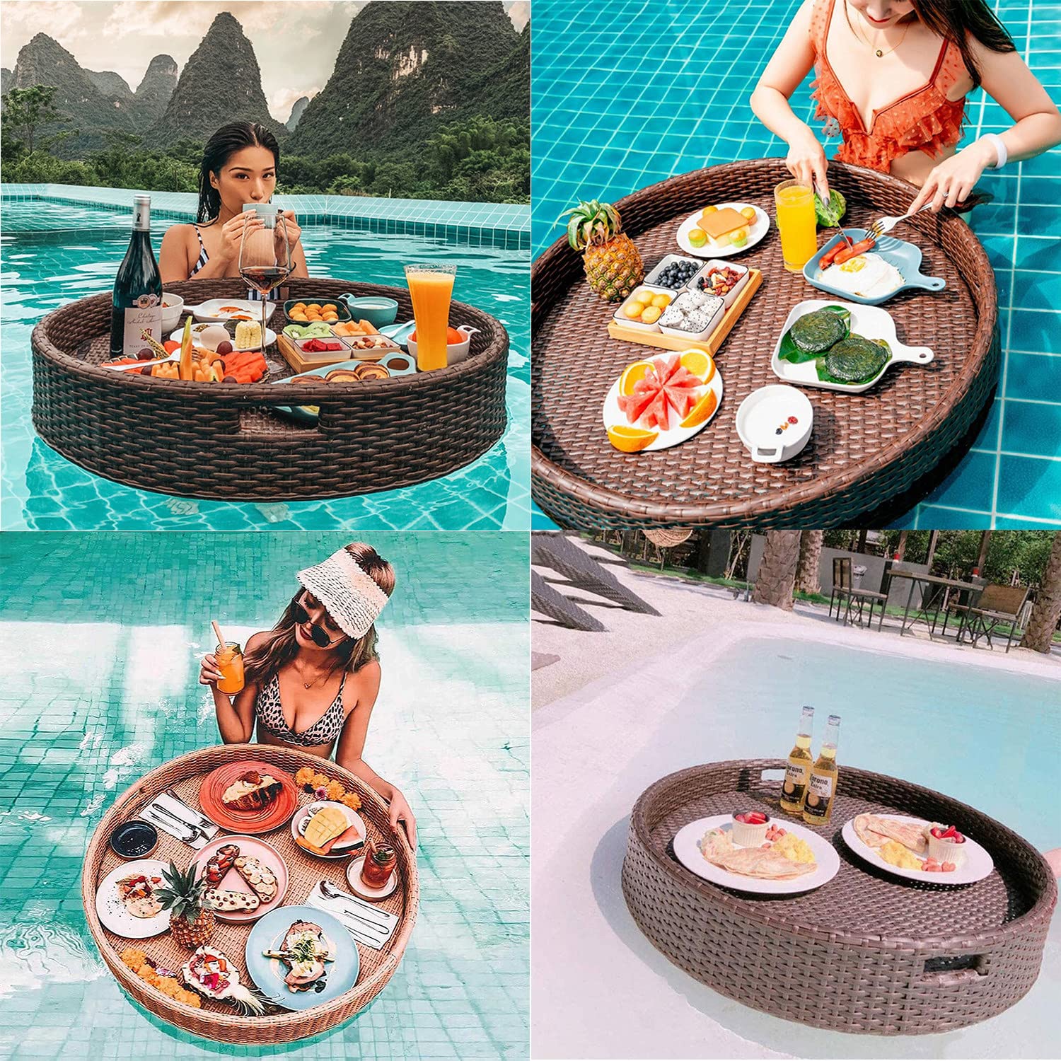 Bandeja de Servicio Tejida de ratán, Bandeja de Comida con Asas, Bandeja Flotante de Lujo para Mesa, Bandeja Flotante para Piscina
