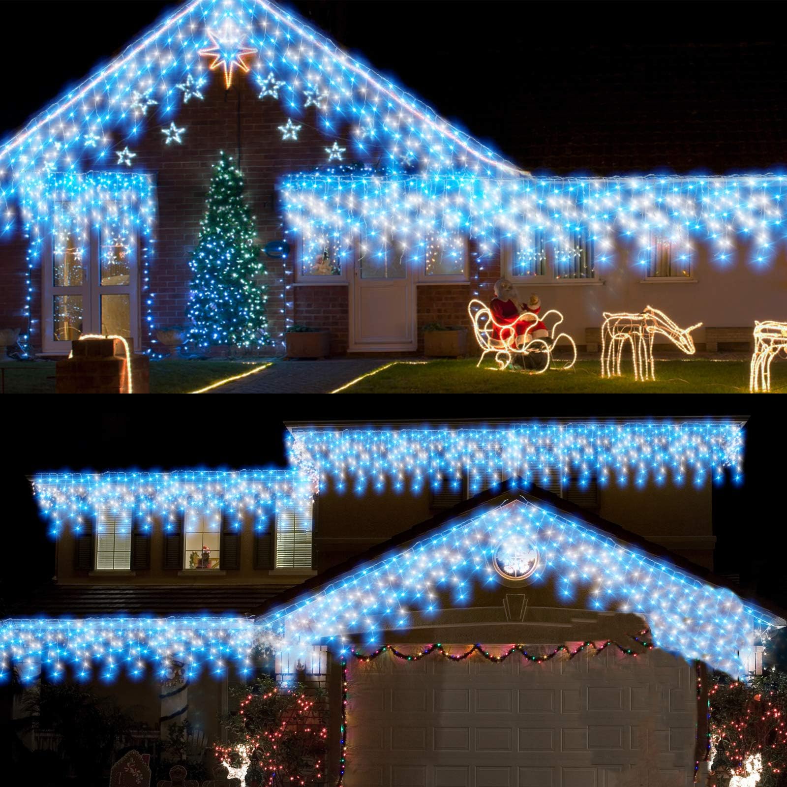 10M Outdoor Curtain Light Plug in, Window Curtain Fairy Lights,Long Hanging Outside Ice Lights, 400LEDs Connectable with Remote Timer for Roof,Eaves,Gazebo,Mum Gift(Blue+White)