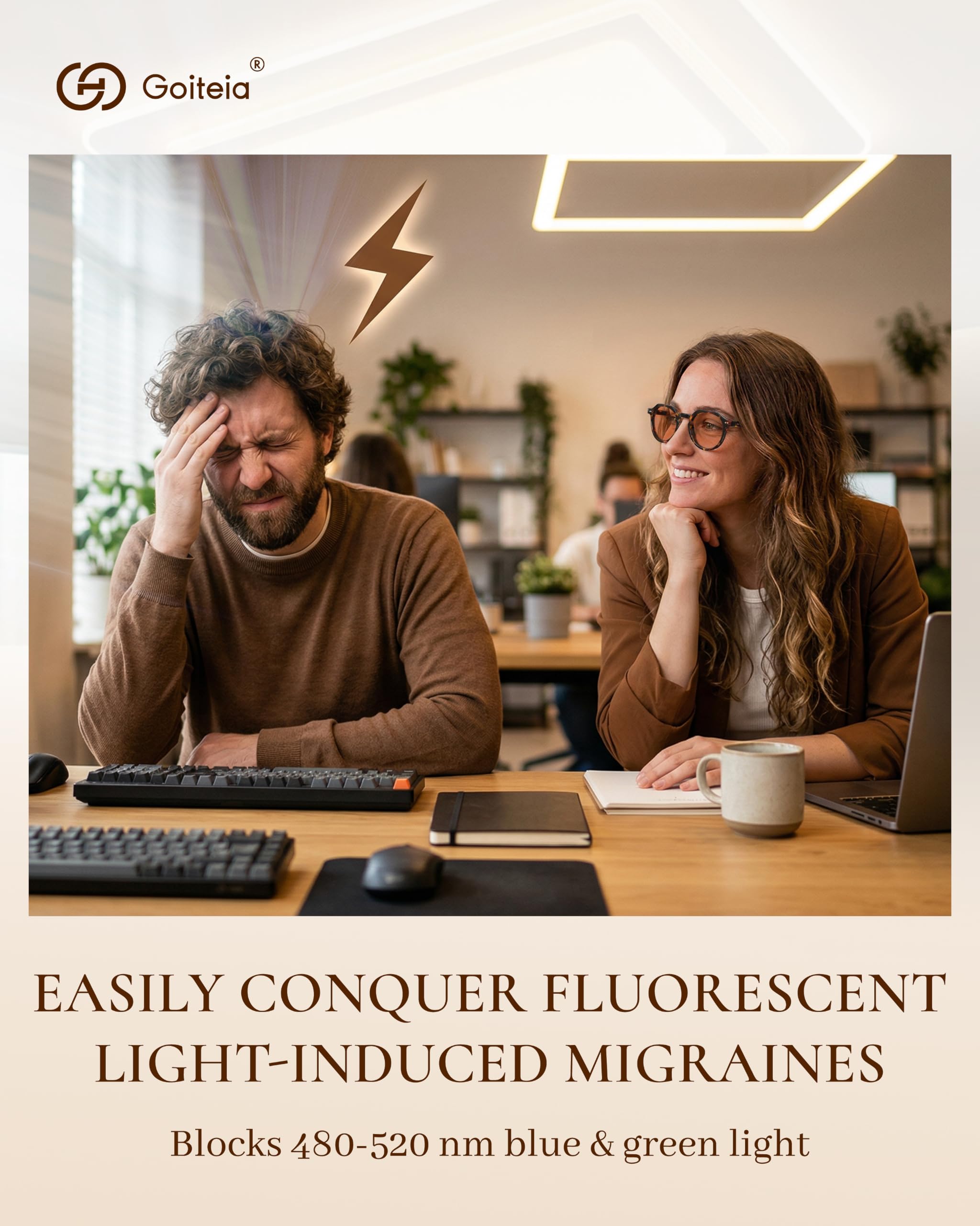 Goiteia FL-Rose Occhiali per emicrania, occhiali per sensibilità alla luce fluorescente e luce LED da ufficio, montatura in acetato fatti a mano con elegante look quotidiano, leggeri