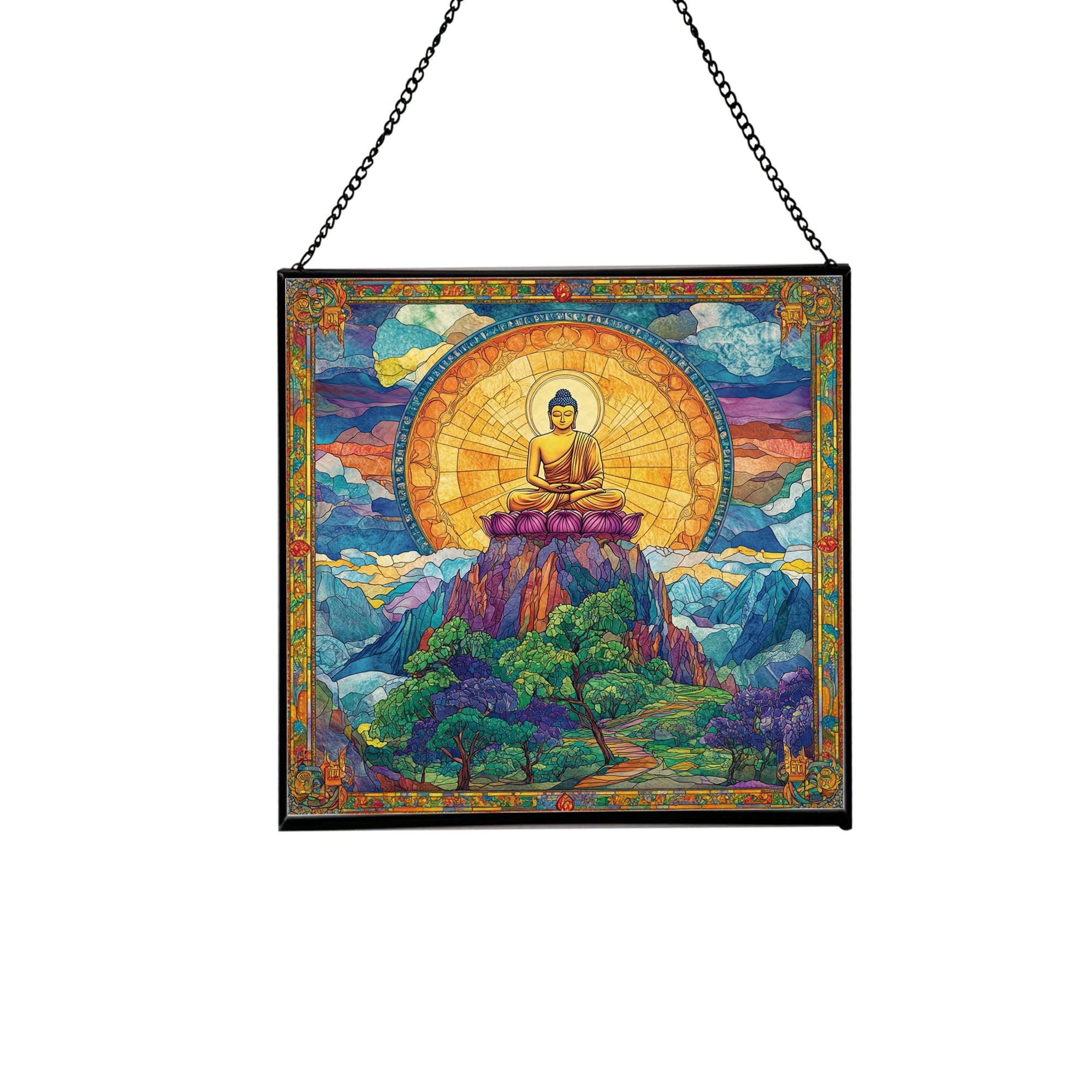 Buddha Cosmic Mountain Stained Glass Suncatcher – Square Hanging Window Panel for Meditation Room, Zen Space, or Home – Peaceful Spiritual Glass Art Gift, Christmas, Thanksgiving JyUZ6O