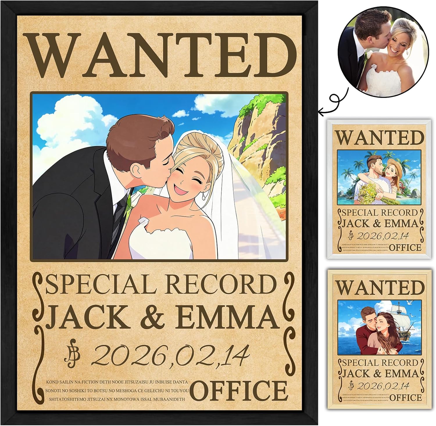 Busparst Custom Anime Wanted Couple Poster - Personalized Canvas Frame Anime Portrait with Photo & Text for Boyfriend/Girlfriend, Birthday & Home Decor