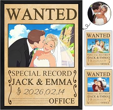 Busparst Custom Anime Wanted Couple Poster - Personalized Canvas Frame Anime Portrait with Photo & Text for Boyfriend/Girlfriend, Birthday & Home Decor