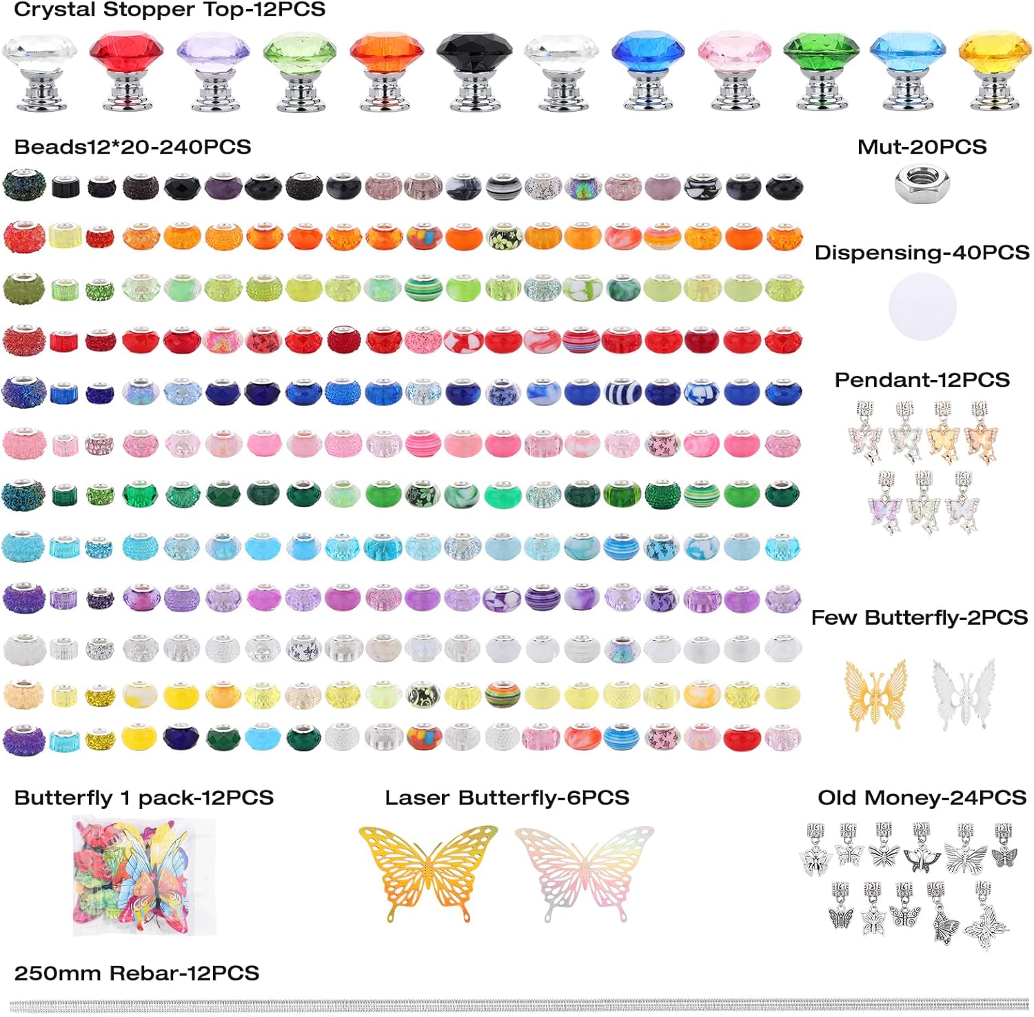 380Pcs Beaded Garden Stake, DIY Fairy Wand Beaded Decorative Butterfly Garden Stake Kit with 12IN Threaded Rod Crystal Stopper Top Large Holes Beads Butterfly Decoration Pendants Outdoor - Image 2