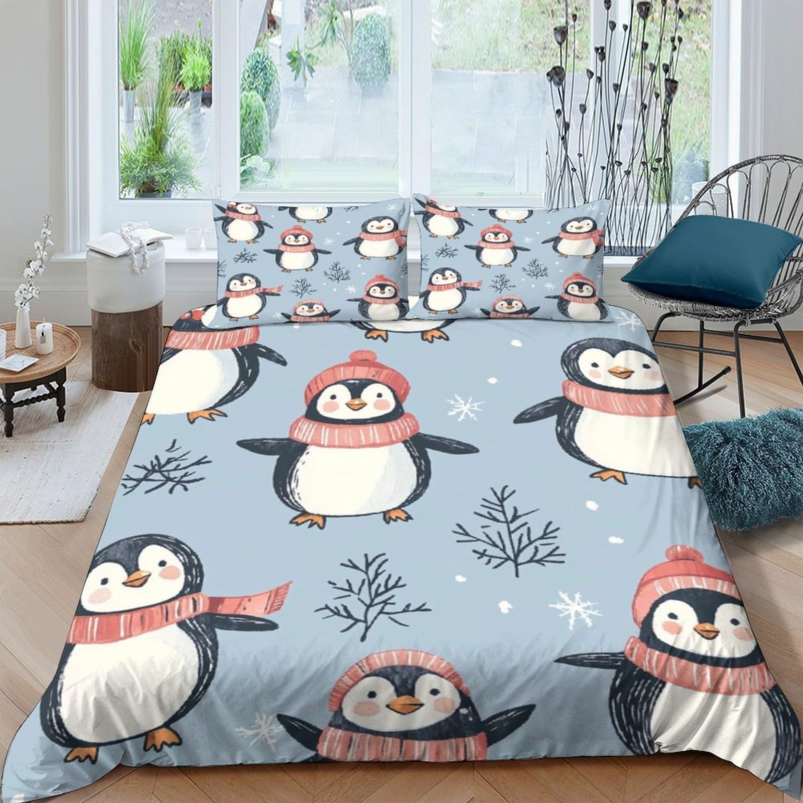 Ctjqhvkz Style-8 3D Printed Winter Penguin Fitted Sheet Microfiber Soft Blue Snowy Forest Bed Cover For Bedroom Guest Room Decor Single（135X200cm）