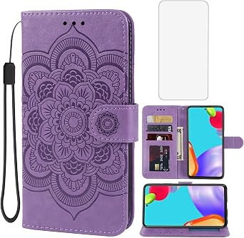 Case for Galaxy A72 4G/Galaxy A72 5G SM-A725F Wallet Case with Tempered Glass Screen Protector, Mandala Leather Flip Credit Card Holder Stand Phone Cover Cases for Samsung Galaxy A72 Purple