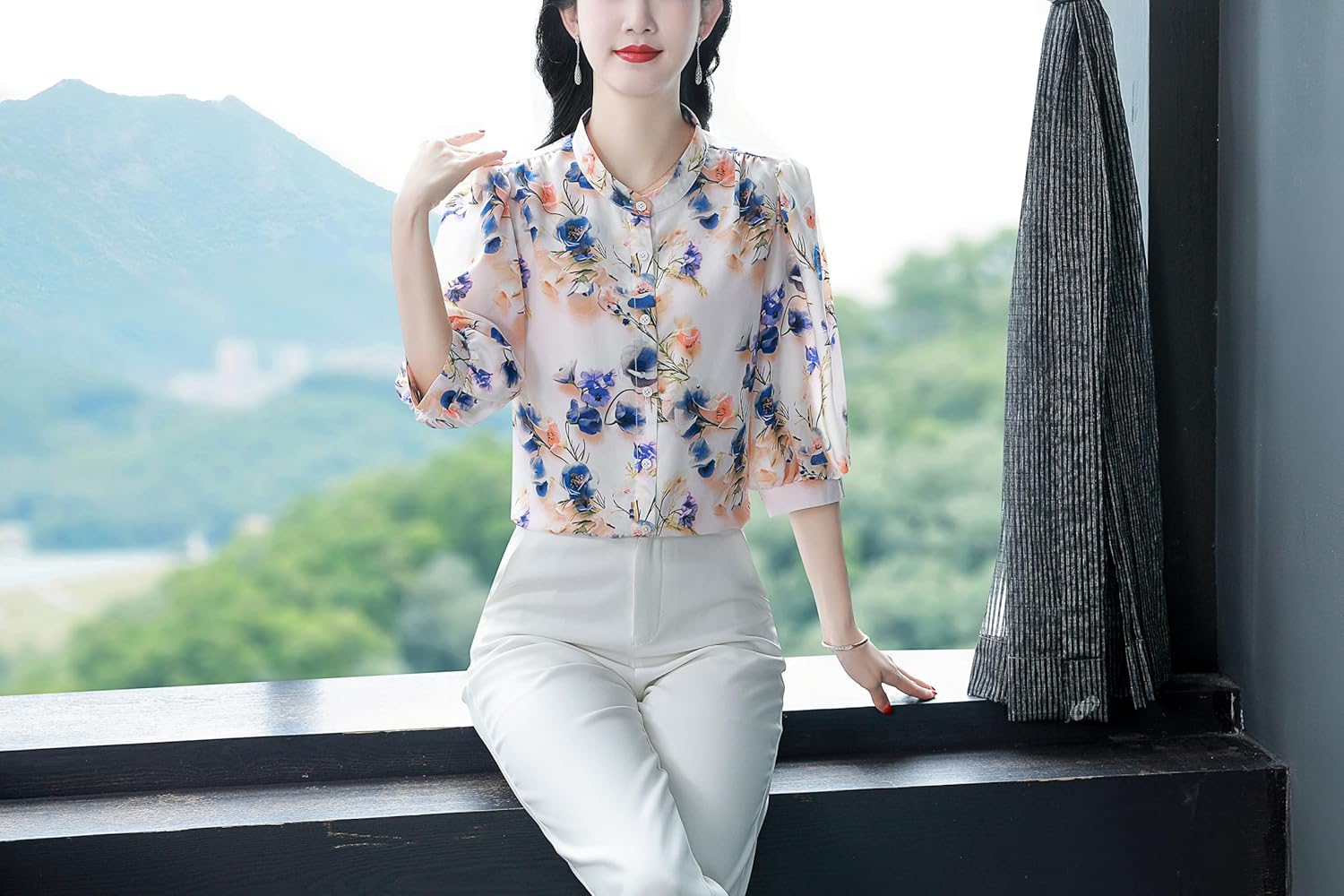 LAI MENG FIVE CATS Women's Casual Floral Print Puff Sleeve Button up Loose Blouses Top - Image 4