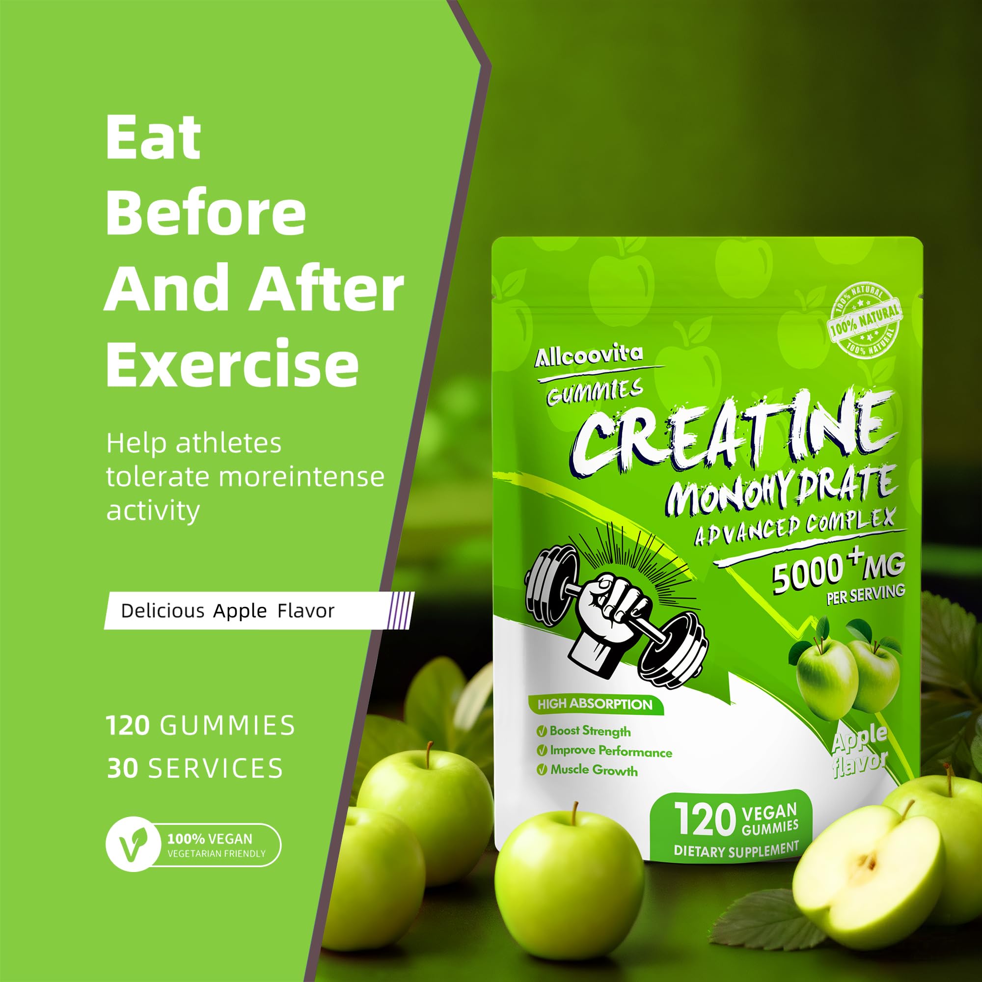 NSF Certified Creatine Gummy - Creatine Monohydrate Gummies 5000mg for Men & Women -120 Gummies Advanced Formula, Muscle Strength, Muscle Builder, Energy Boost, Pre-Workout Supplement-Apple — Amazon image 6