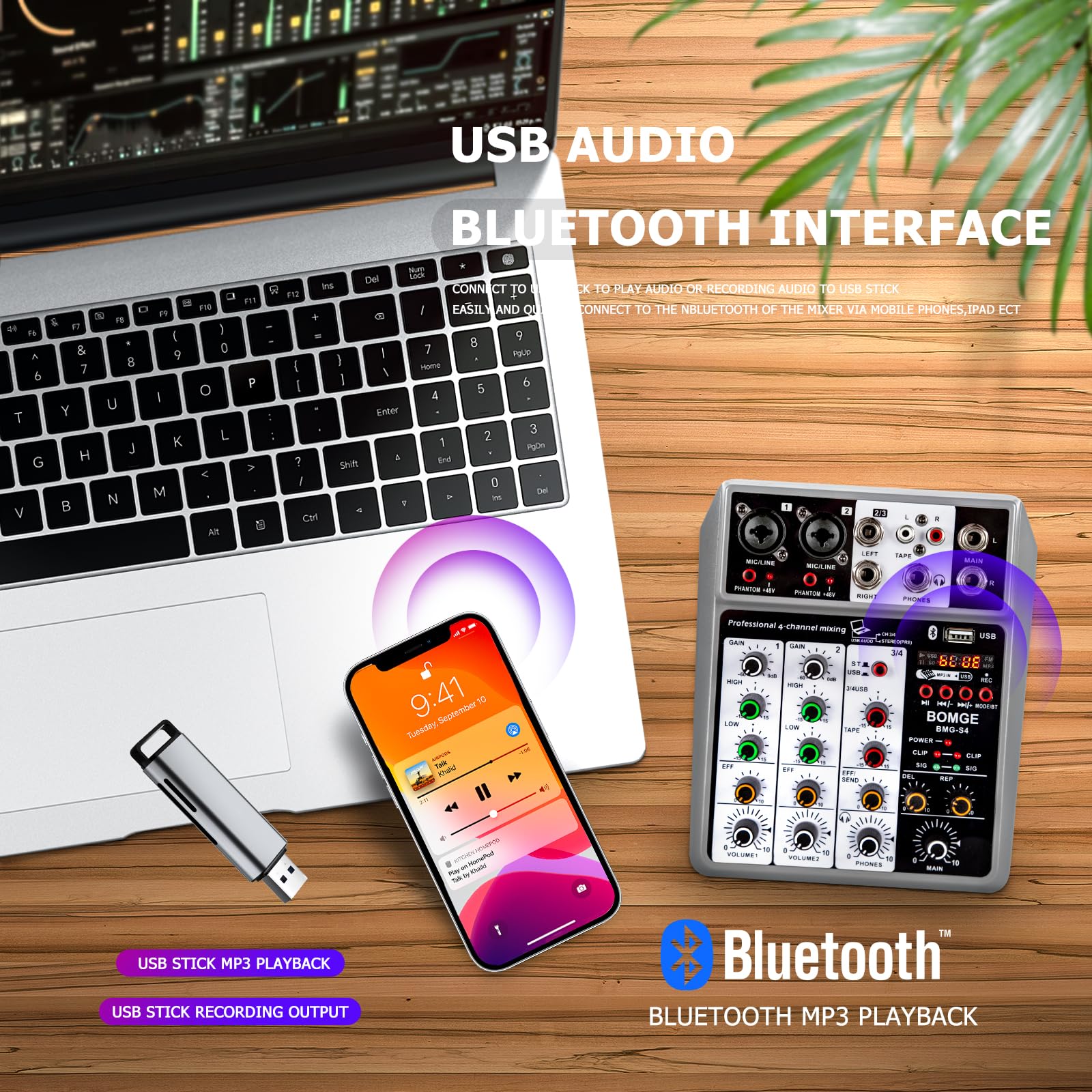 BOMGE Professional Audio Mixer, Sound Board Mixing Console with 4 Channel Digital USB Bluetooth Echo Delay Effect, Input 48V Phantom Power Stereo DJ Mixers for Recording, Live Streaming, Podcasting