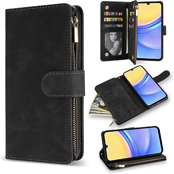 for Samsung Galaxy A15 5G Wallet Case with RFID Blocking Card Slot PU Leather Zipper Flip Folio with Strap Kickstand Protective Cover for Samsung Galaxy A15 5G Case WalletBlack-6.5 inch