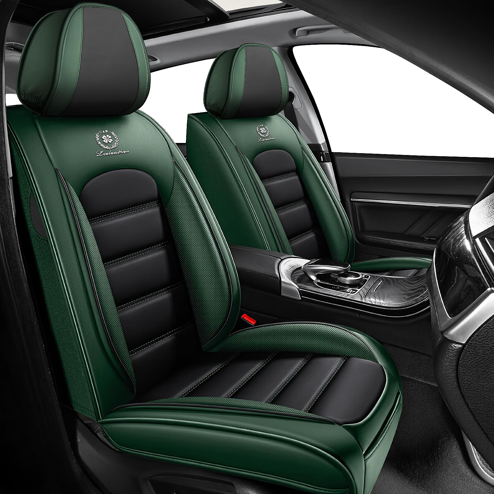 Fundas Asientos Coche Universales para MG ZS Hybrid+ Luxury 2024 2025 2026, Impermeable Transpirable PU Cuero Antideslizante,Regalo de Cumpleaños(Black Green)