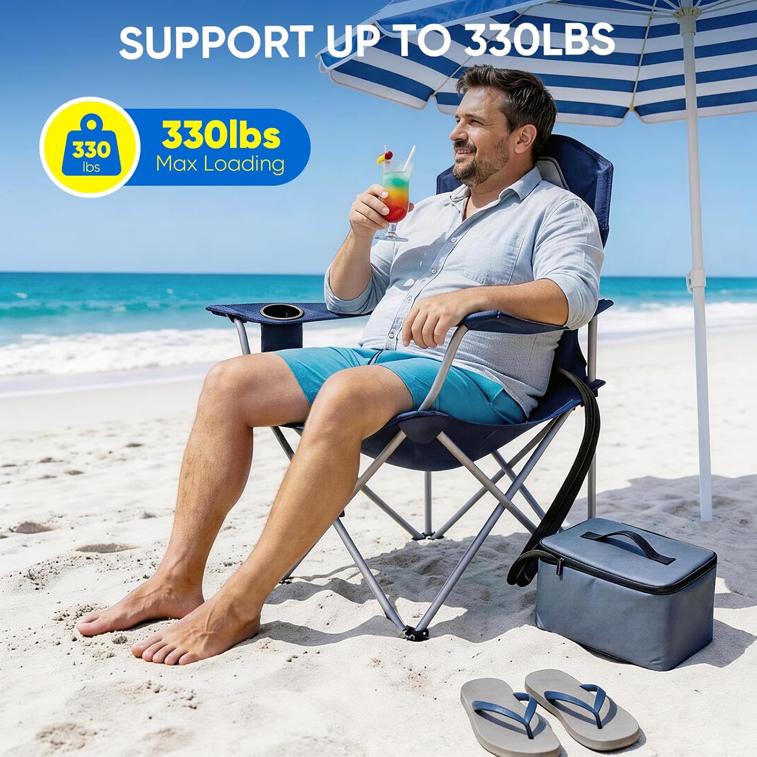 Camping Chair with Cooling Pad – Cools 50°F in 20 Sec, Folding Beach Chair with Cup Holder, Side Pocket, 330 lbs Heavy Duty, Includes Storage Bag – Ideal for Sports Events, Excludes Battery