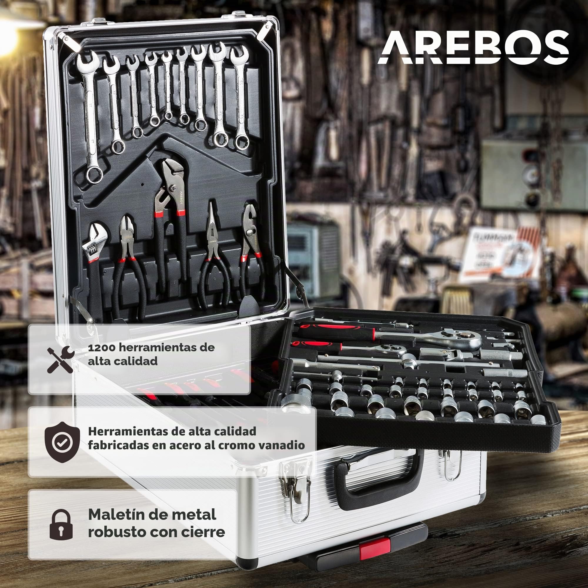 Arebos maletín de herramientas 1200 piezas | set completo con ruedas | maleta de transporte portátil | kit de herramientas profesional