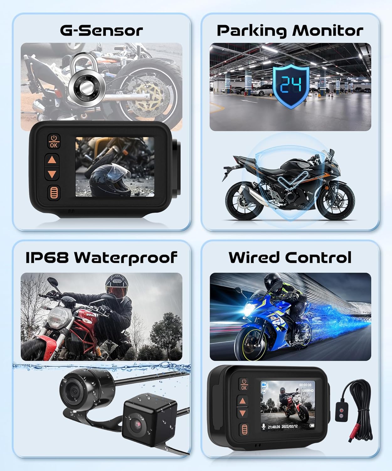 Motorcycle Dash Cam Front and Rear, 1080P+720P Motorcycle Camera, IP67 Waterproof, Wired Control, IR Night Vision, Wide Angle, Dash Camera Wired Remote, G-Sensor, 32GB TF Card