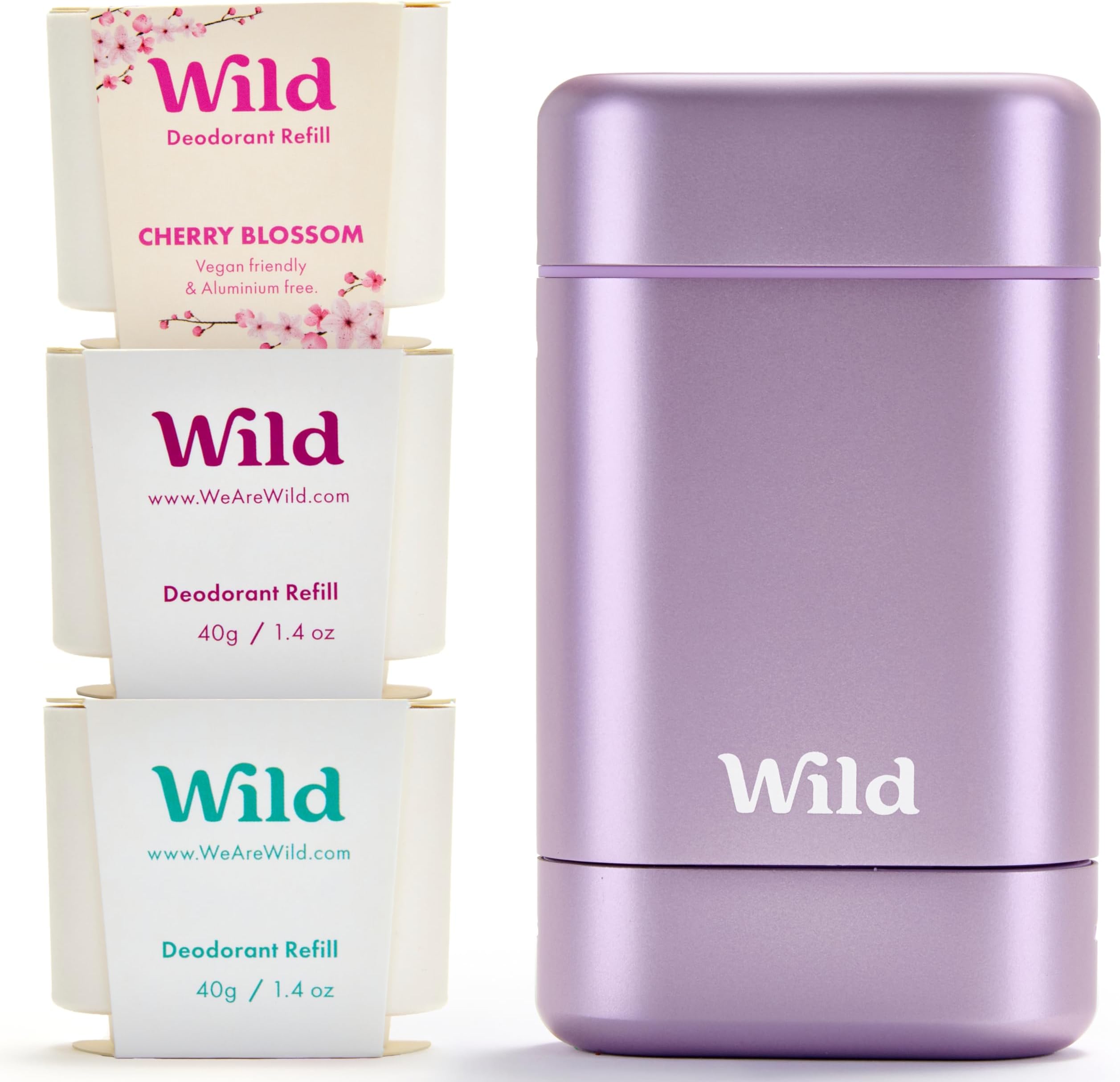 Purple Case with Refill Variety Pack (3 x 40g) - Natural Refillable Deodorant - Aluminium Free - Includes Fresh Cotton & Sea Salt, Cherry Blossom and Coconut & Vanilla Scents - Vegan