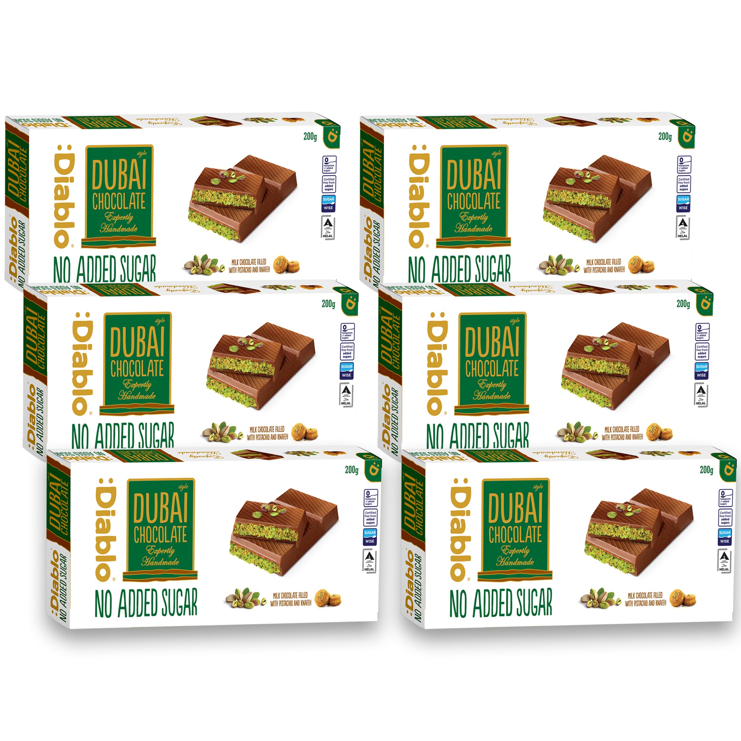 Diablo No Added Sugar Dubai Chocolate – 200g | Smooth, Rich Taste | Sugar-Free Indulgence | Guilt-Free Treat (Pack Of 6)