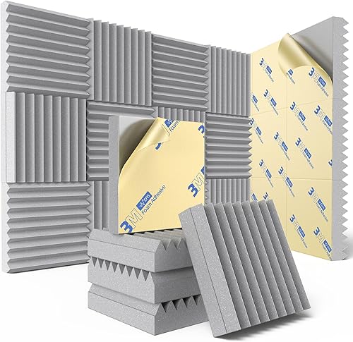 Paquete de 12 paneles de espuma a prueba de sonido para pared con autoadhesivo, paneles acústicos de alta densidad de 3 x 12 x 12 pulgadas, absorben