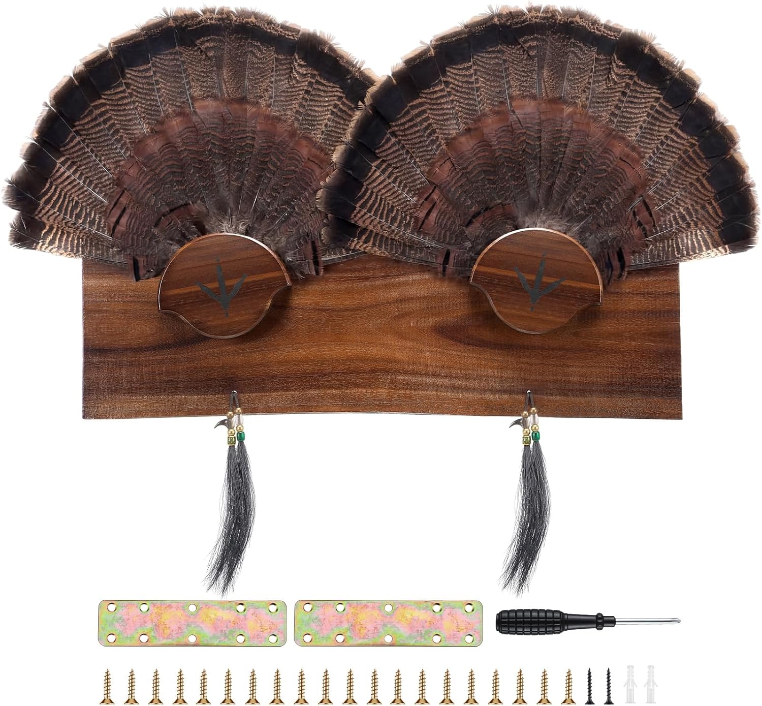 Briwooody Turkey Fan Mount Kit Multi Fan Pine Turkey Tail Display Plaque Rack 30 Inch Wooden Wall Mount for Multiple Feathers Hunting Trophy Decor Rustic Cabin Home with Metal Hooks(Classic)