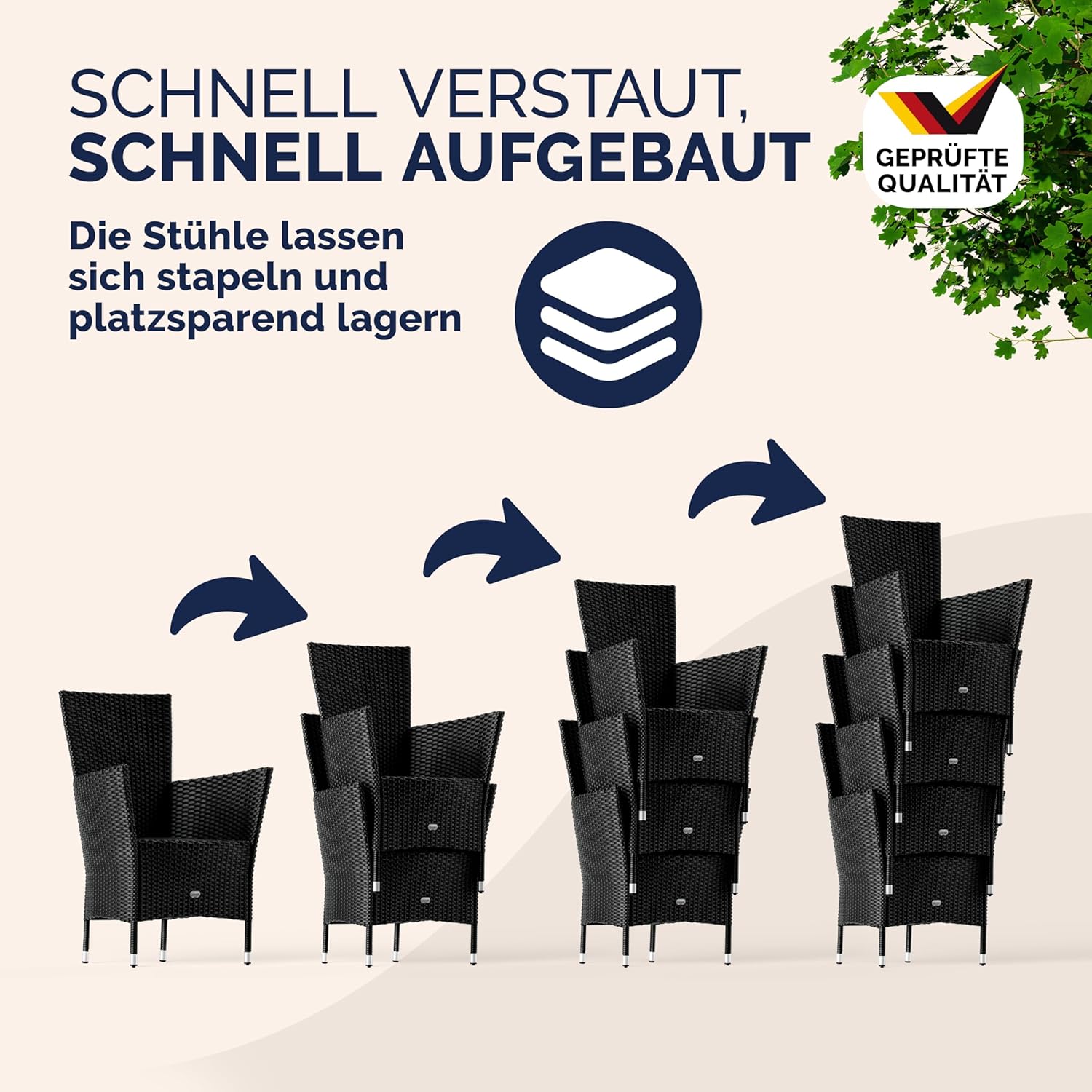 Illustration of stackable chairs for space-saving storage.