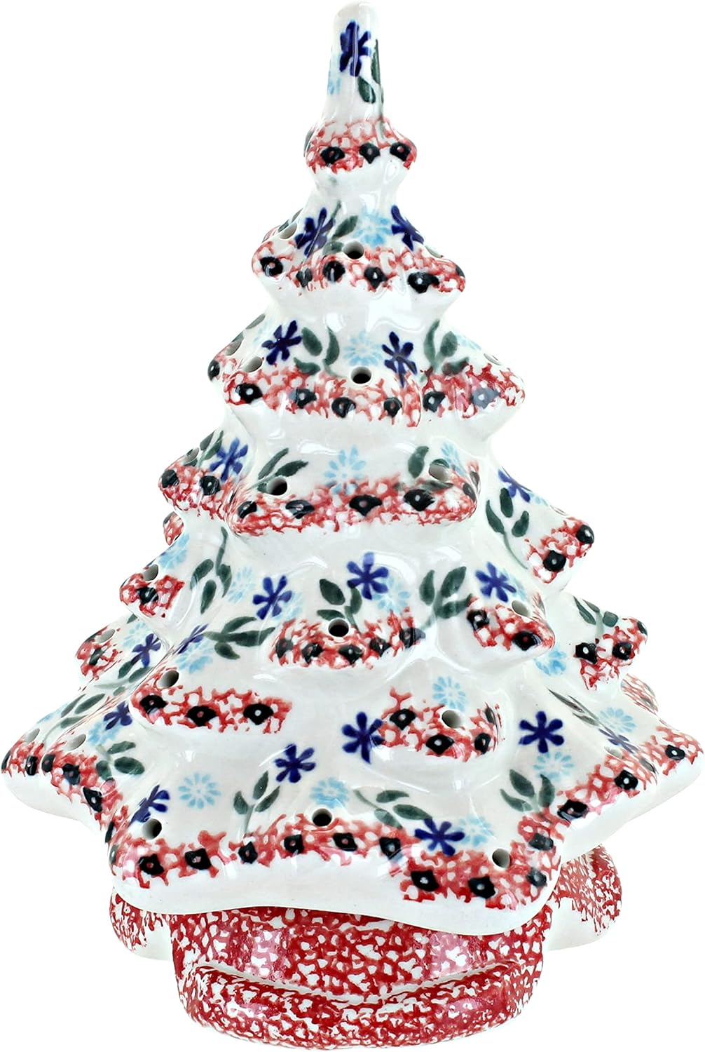 Blue Rose Polish Pottery - Red Christmas Tree Luminary - 8" Tall - Hand-Painted Polish Pottery Holiday Candle Holder, Unique Festive Décor