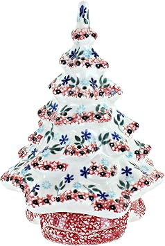 Blue Rose Polish Pottery - Red Christmas Tree Luminary - 8" Tall - Hand-Painted Polish Pottery Holiday Candle Holder, Unique Festive Decor