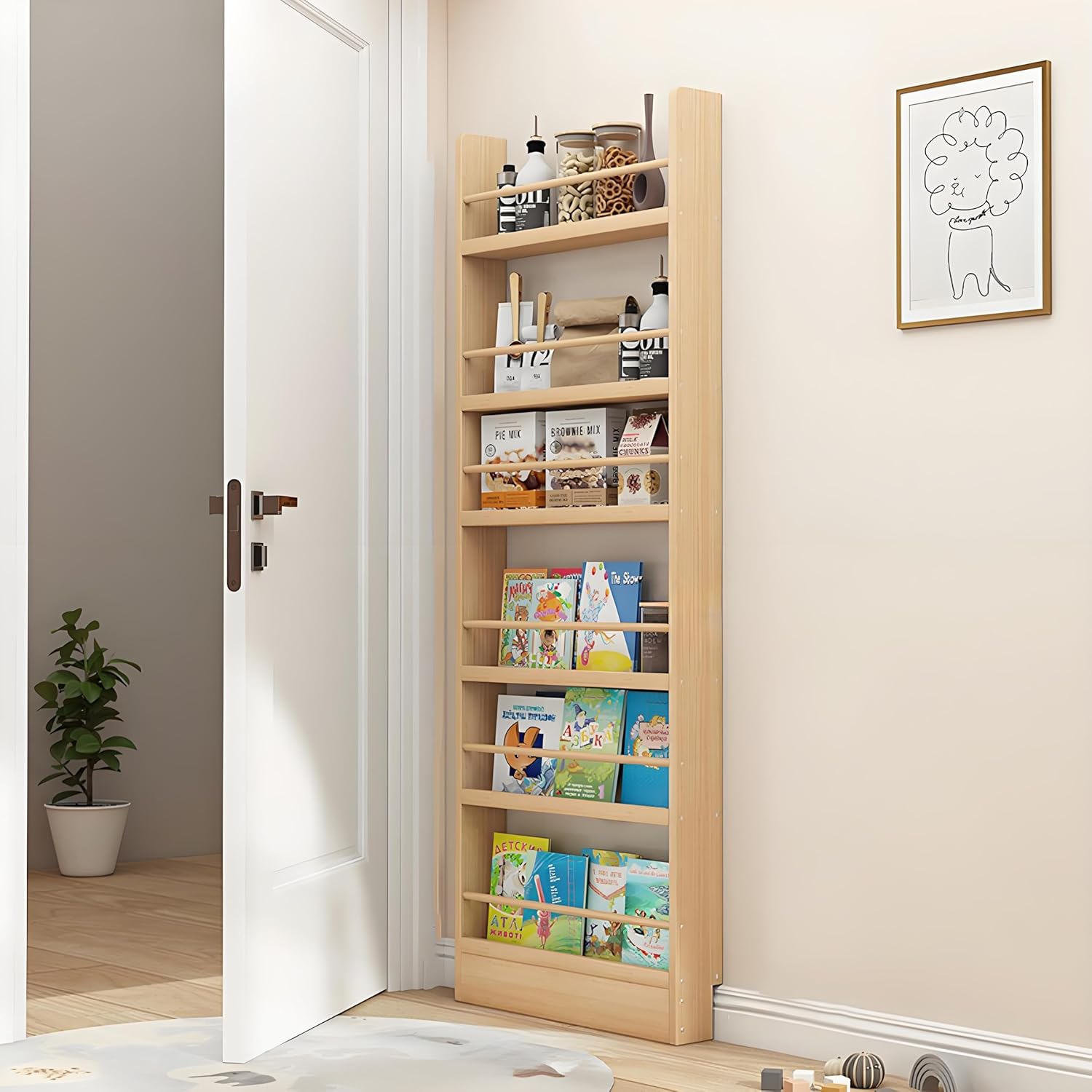 Wooden 3/4/5/6 Tier Behind The Door Bookshelf, Tall Narrow Floor Standing Bookcase, Space-Saving Storage Organizer for Books, Bedroom, Living Room, Office Wood Color 23.6x3.9x70.2