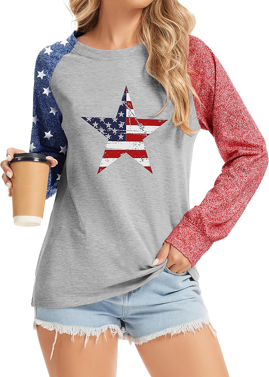 TSMNZMU Womens Star Print Colorblock Shirt Long Sleeve American Flag 4th of July Pullvoer Blouse Tops